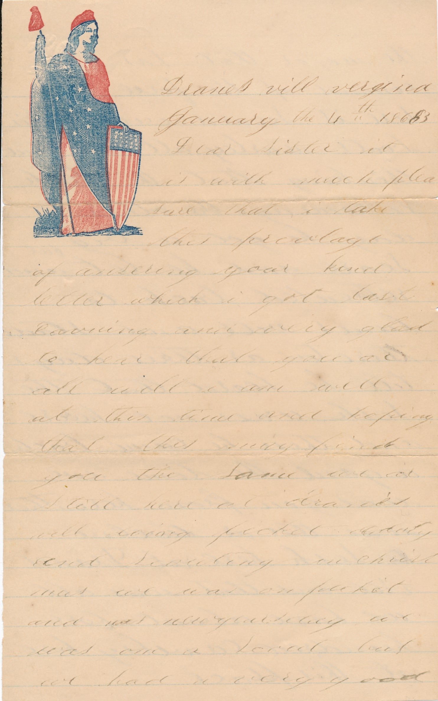 Dranesville, VA Civil War Letter Patriotic Stationary: Mentions 7 Captured Soldiers and one got away.