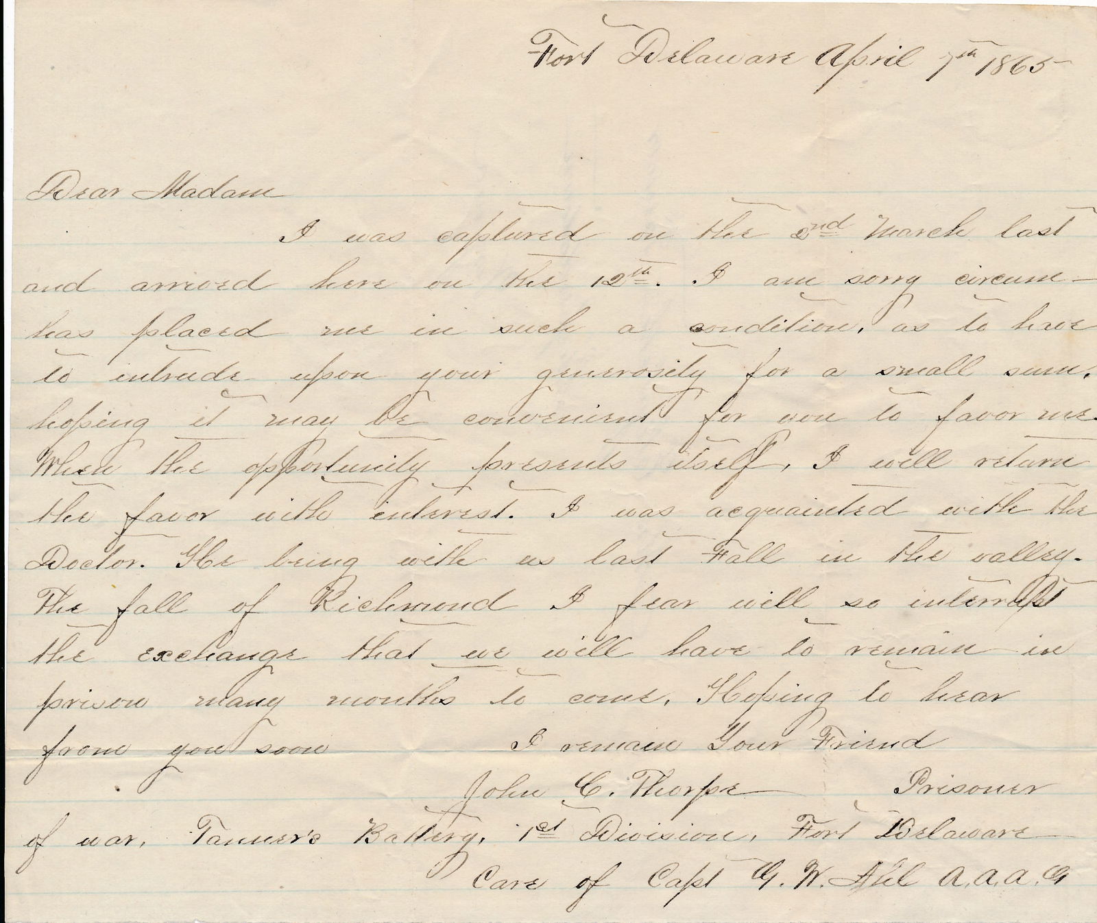 John C. Thorpe VA Courtney Light Artillery Letter (1 of 3)