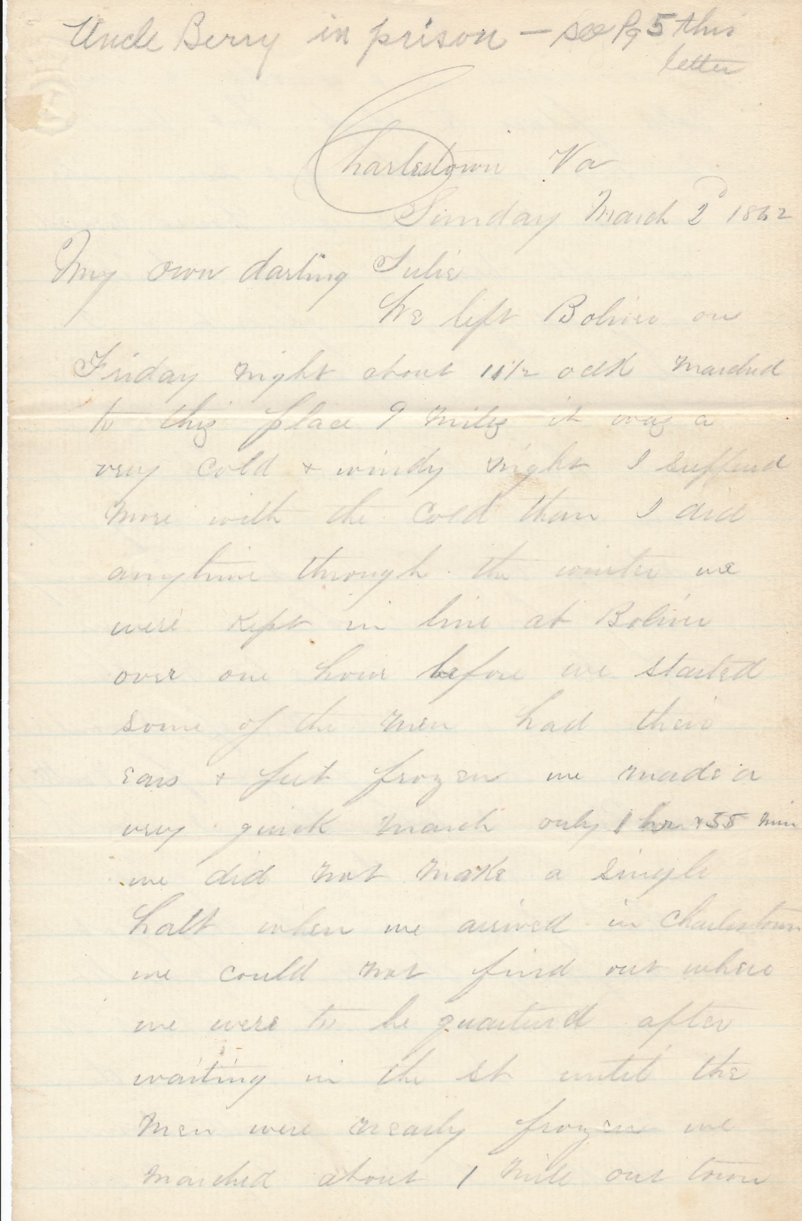 Charlestown, VA Uncle's Imprisonment & Death: Charlestown, VA Letters regarding Uncle's Imprisonment & Death. March 7, 1862 "I regret that your Uncle Berry has not been released. He is foolish no to take the oath." Another letter dated June 13,