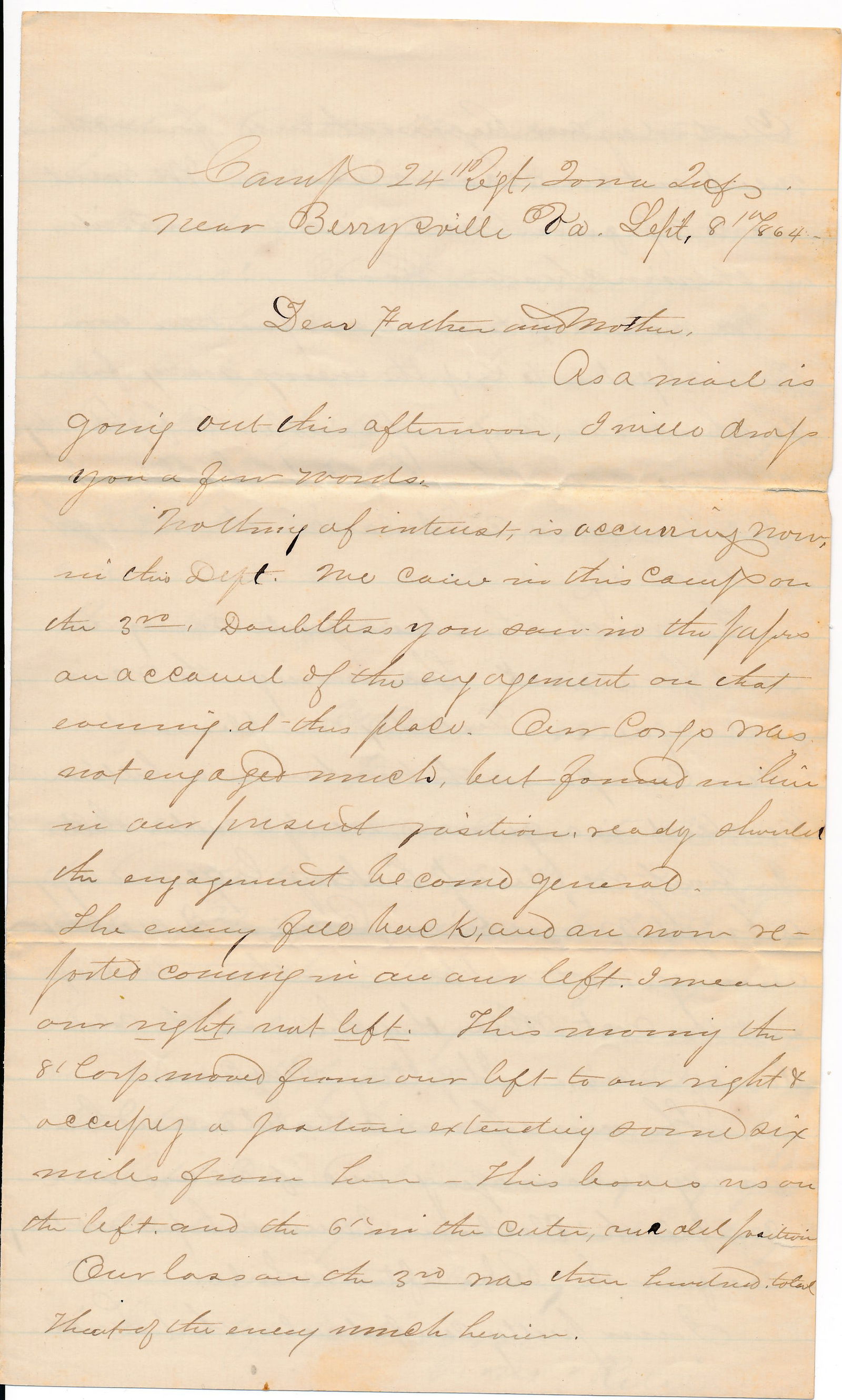 Israel M. Ritter D. Co. Iowa 24th Infantry Letter: Wounded severely 9/19/1864 Winchester, Virginia