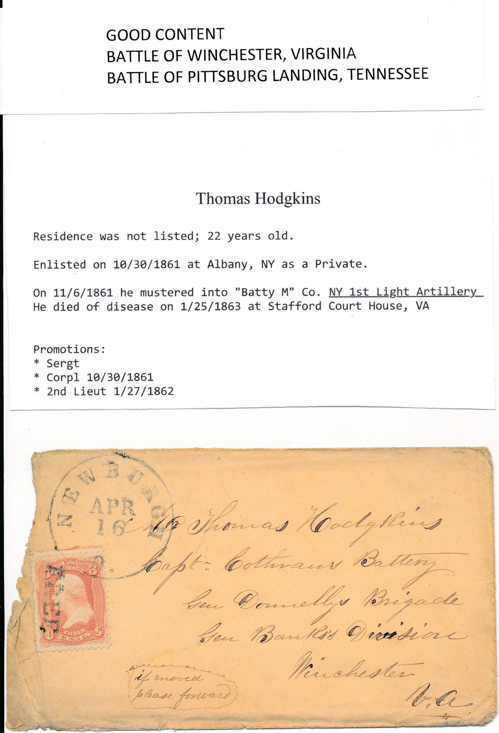 Thomas Hodgkins "Batty M" NY 1st Light Artillery: Thomas Hodgkins "Batty M" Co. NY 1st Light Artillery Letter. . Content: Battle of Winchester, VA and Pittsburg Landing, Tennessee