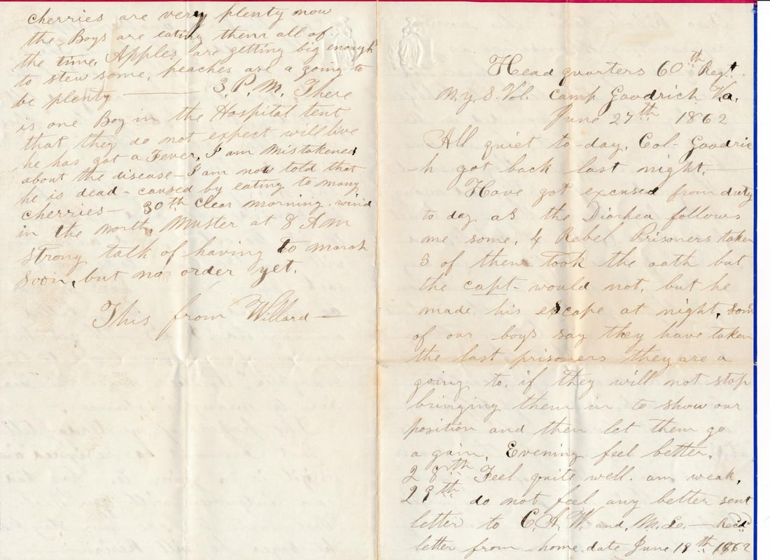 1862 Willard R. Wetherel Co. NY 69th Inf. Letters (1 of 7)