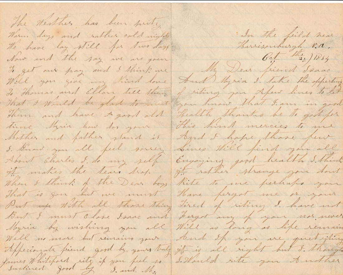 James Whiteford NY Cavalry re: September Battle: James Whiteford L. Co. NY Cavalry describes September Battle. "We had a mighty hard fight on the 9th of Sept. I lasted all day."