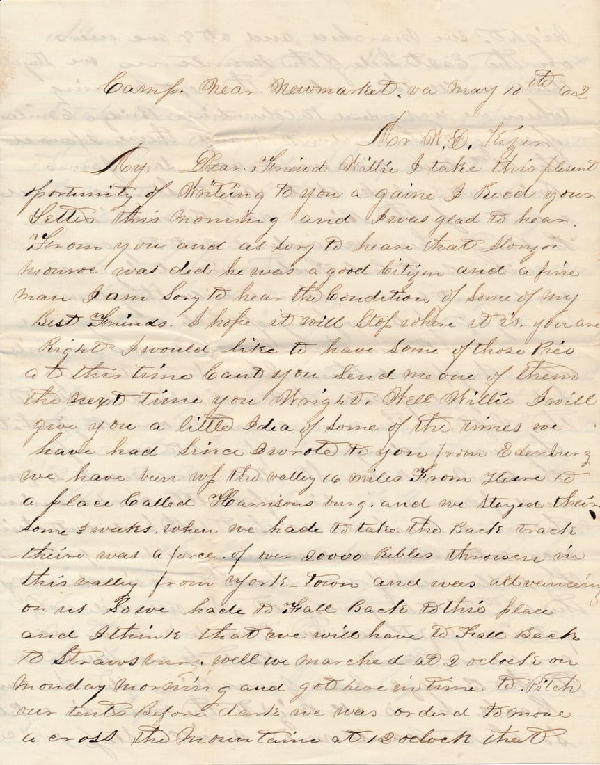 Newmarket, VA Camp Reconnaissance Mission: Letter from Camp near Newmarket, Virginia to Winchester, Indiana. Reconnaissance Mission Soldier describes having to aid others on reconnaissance mission who disobeyed orders and went further that ord