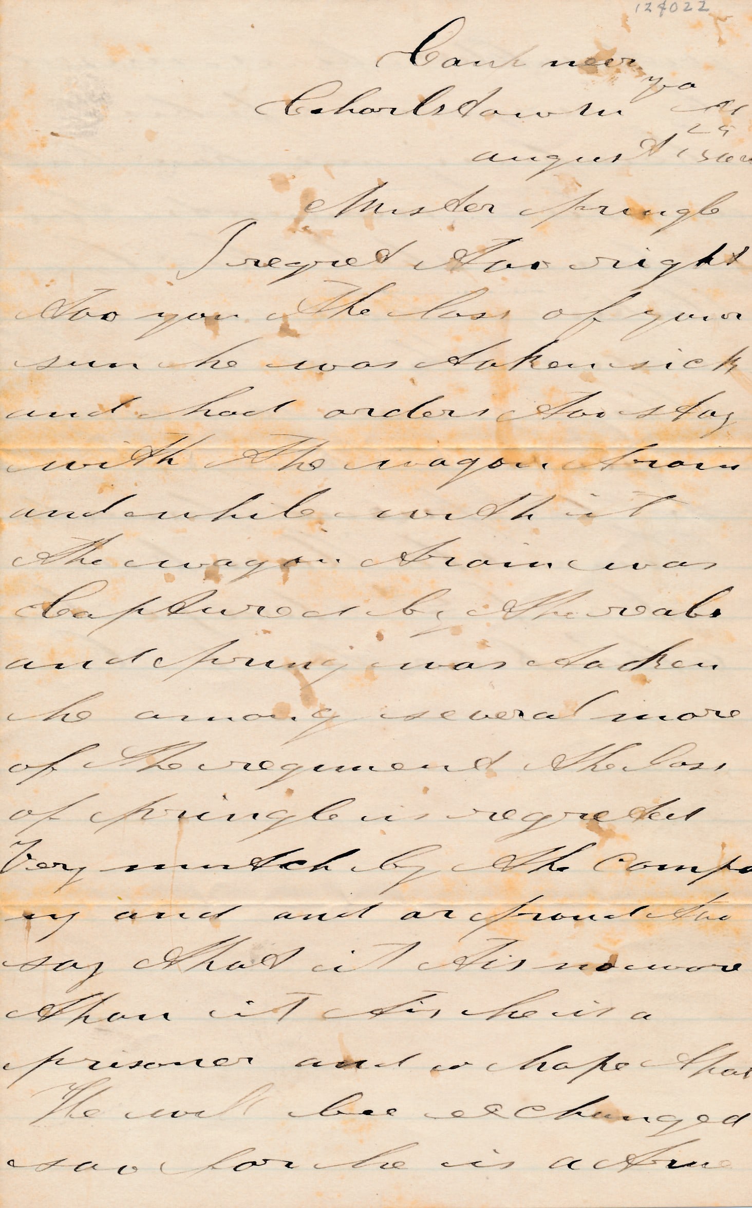 James W. Hawkins to Parents of Captured Son: James W. Hawkins Letter informing Parents of Son being Captured. William H. Pringle Captured. Both Soldiers from MA 2nd Cavalry
