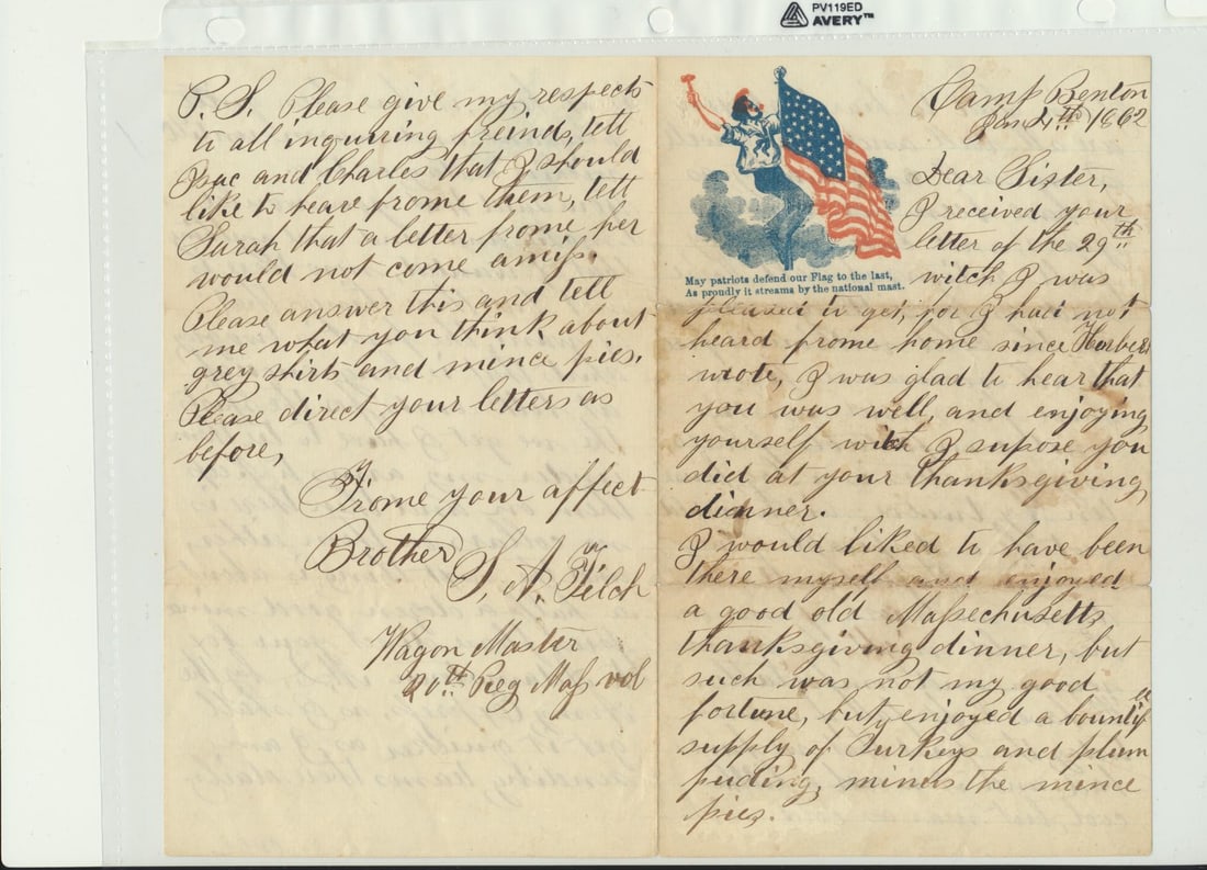 Sabine Felch 20th Mass Vols on Patriotic Letterhead`: Sabine Felch 20th Mass Vols. Letters on Patriotic Letterhead`. Describes Captain getting his "right arm shot nearly off at the socket." Another Captain received 3 Body Wounds.