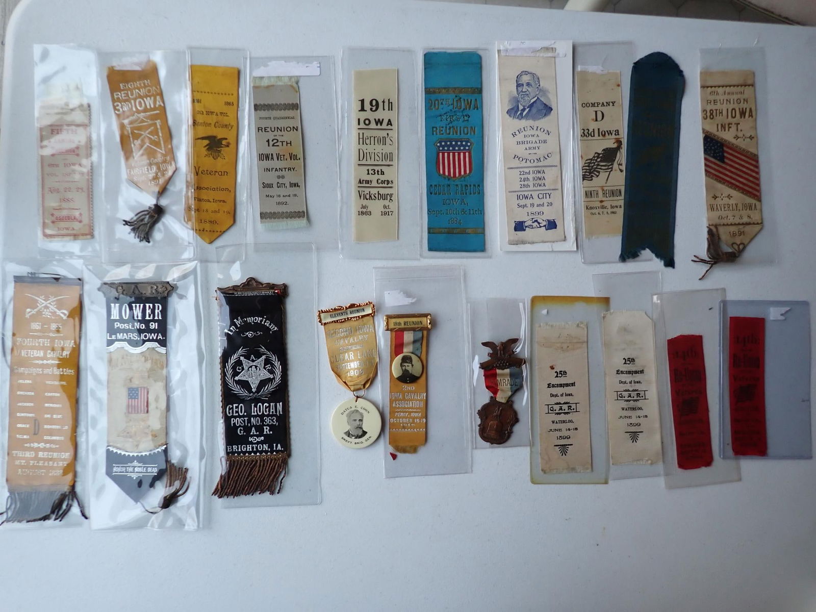 Iowa Regimental and GAR Vets' ribbons & medals: Iowa 2nd Cavalry Association and others