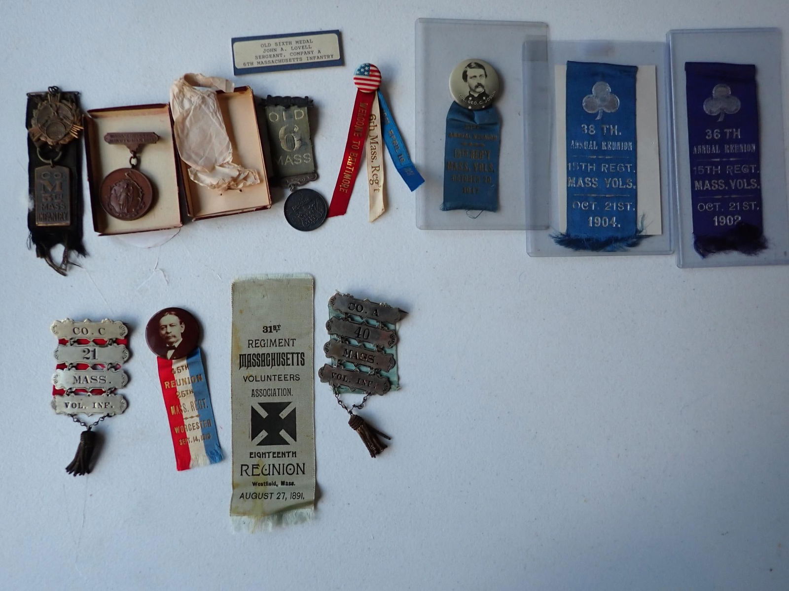 Old Mass 6th Medal, 21st & 40th Mass Vols. Ladder Badges, etc. (1 of 12)