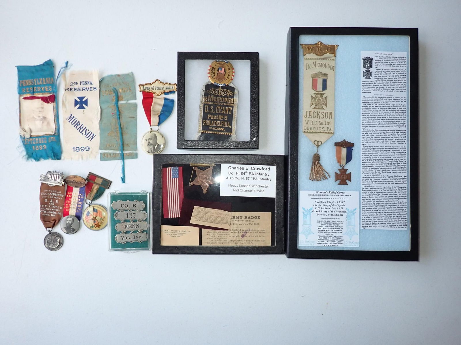 Pennsylvania 127 Penn. Vol. Inf ladder pin, badges: Pennsylvania Co. E 127 Penn. Vol. Inf ladder pin, badges & ribbons. Women's Relief Corps badge & others