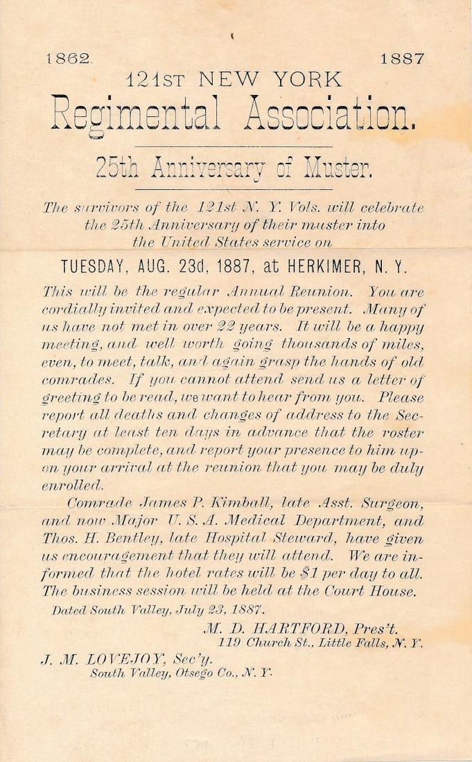 New York GAR Broadsides and other memorabilia: 1887 121st New York Regimental Association 25th anniversary of muster broadside. Other documents.