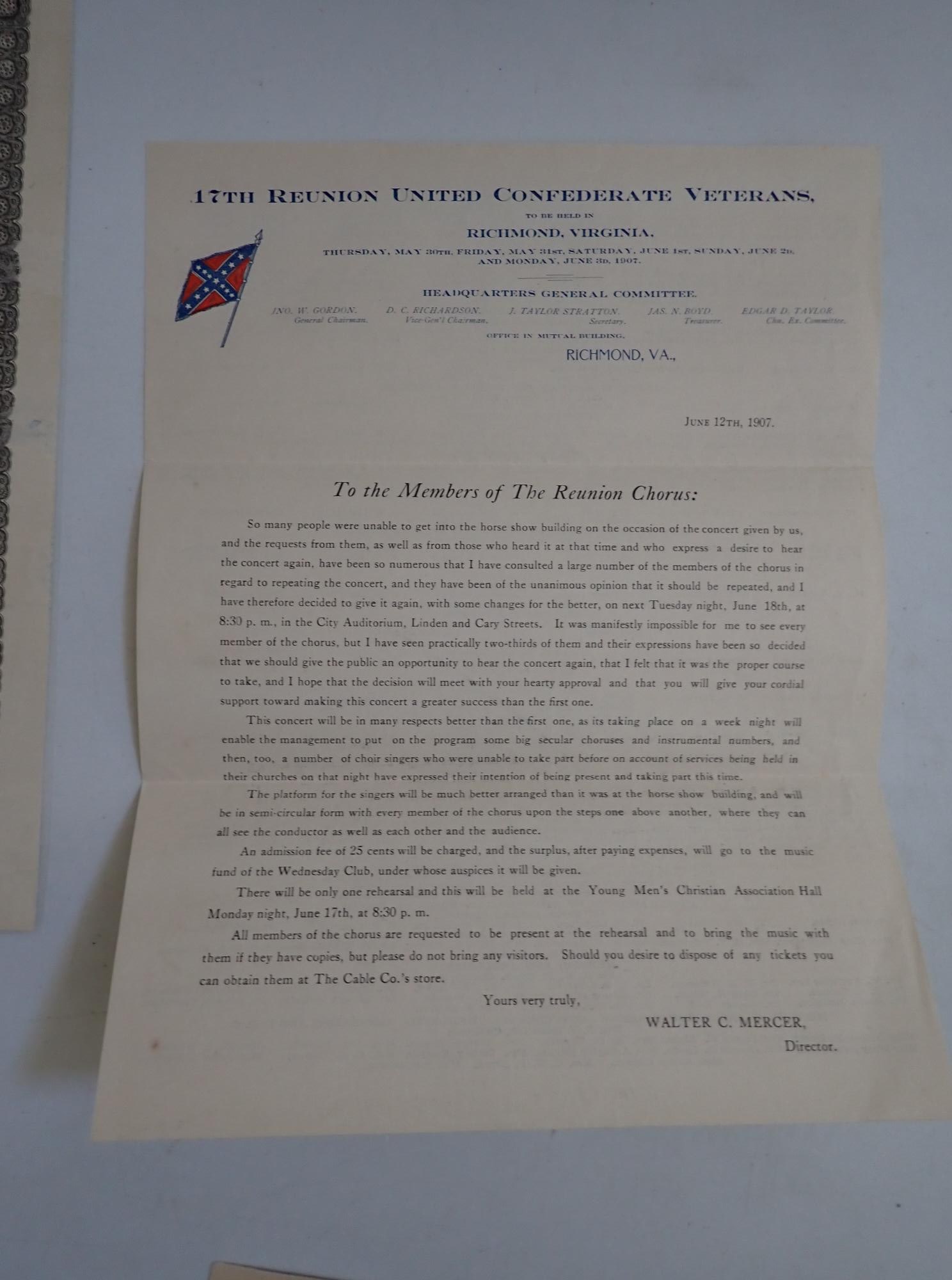 Confederate Vets Certificate, Ribbon, Program, etc. - 9