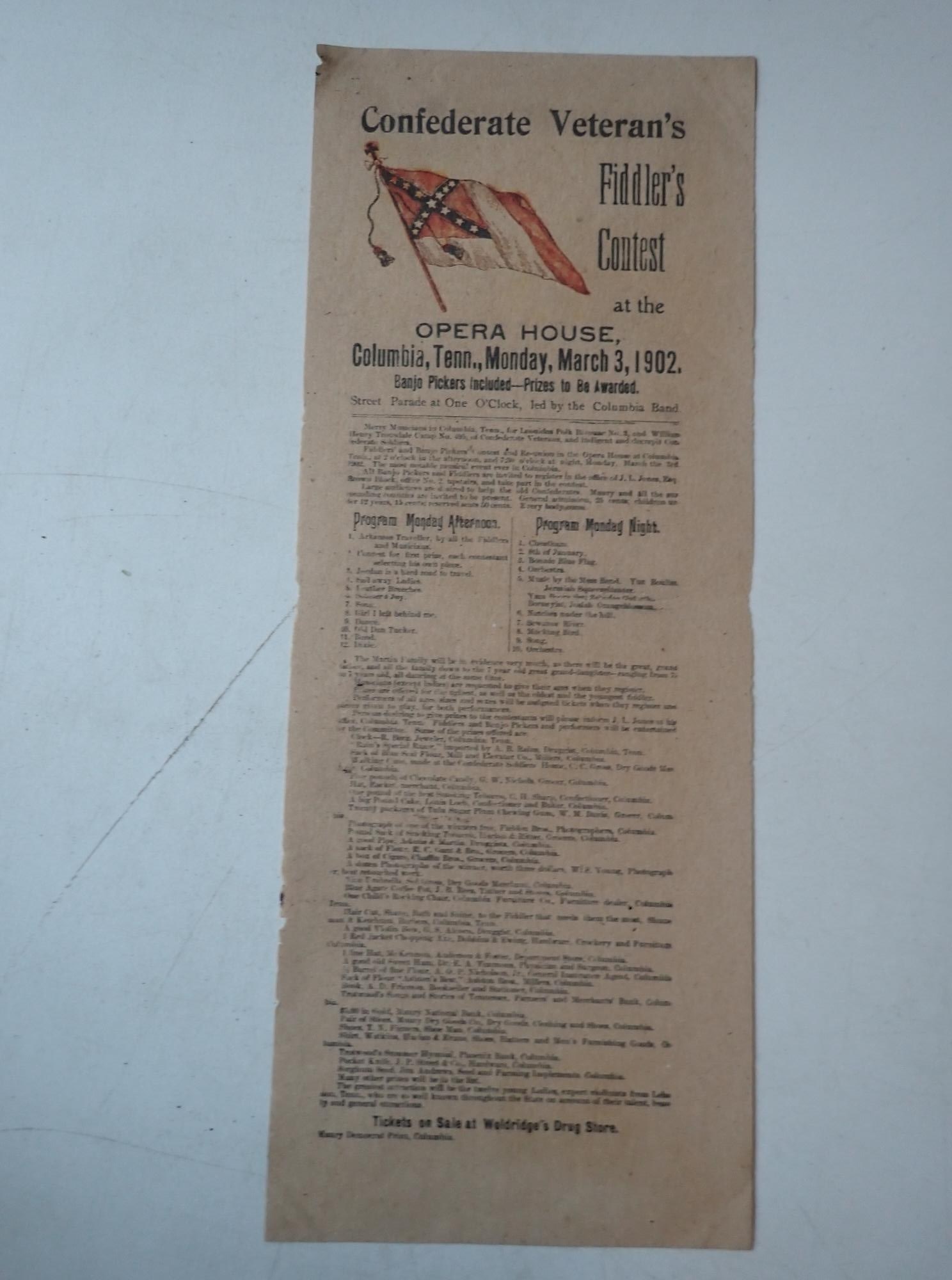 1902 Confederate Vet's Fiddler's Contest broadside: "at the Opera House Columbia, Tenn". 15" x 6". A little edge wear but overall good condition.