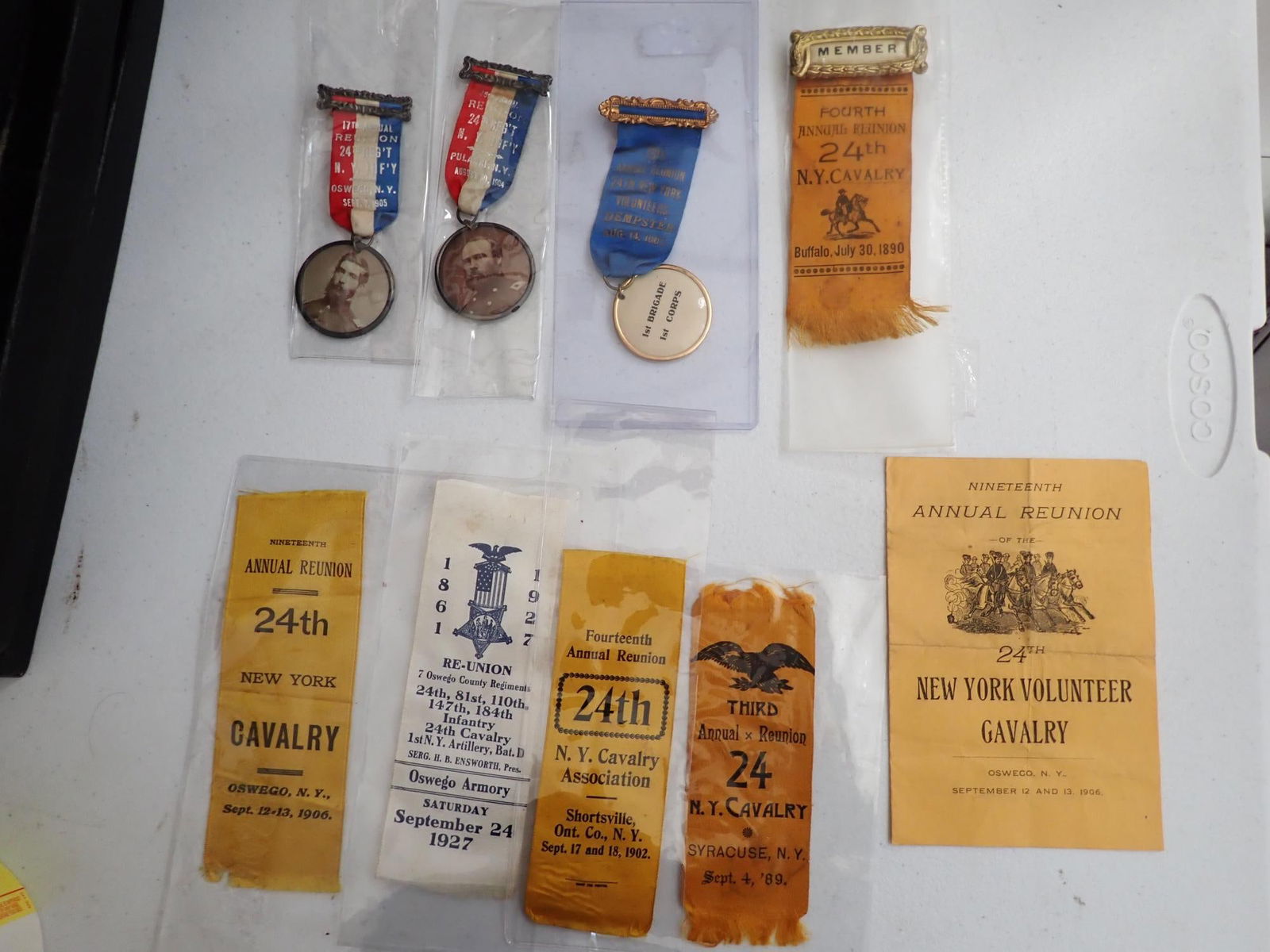 24th New York Regiment reunion pins and ribbons: Battles include Antietam, Second Bull Run, etc.
