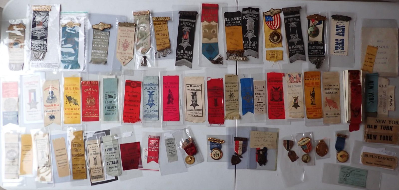 NY GAR encampment, ribbons, buttons & medals: New York GAR encampment, & other ribbons, buttons and medals.. GAR 1891 Badge Lafayette Post. Post No, 12 Afton, NY mourning badge & others.