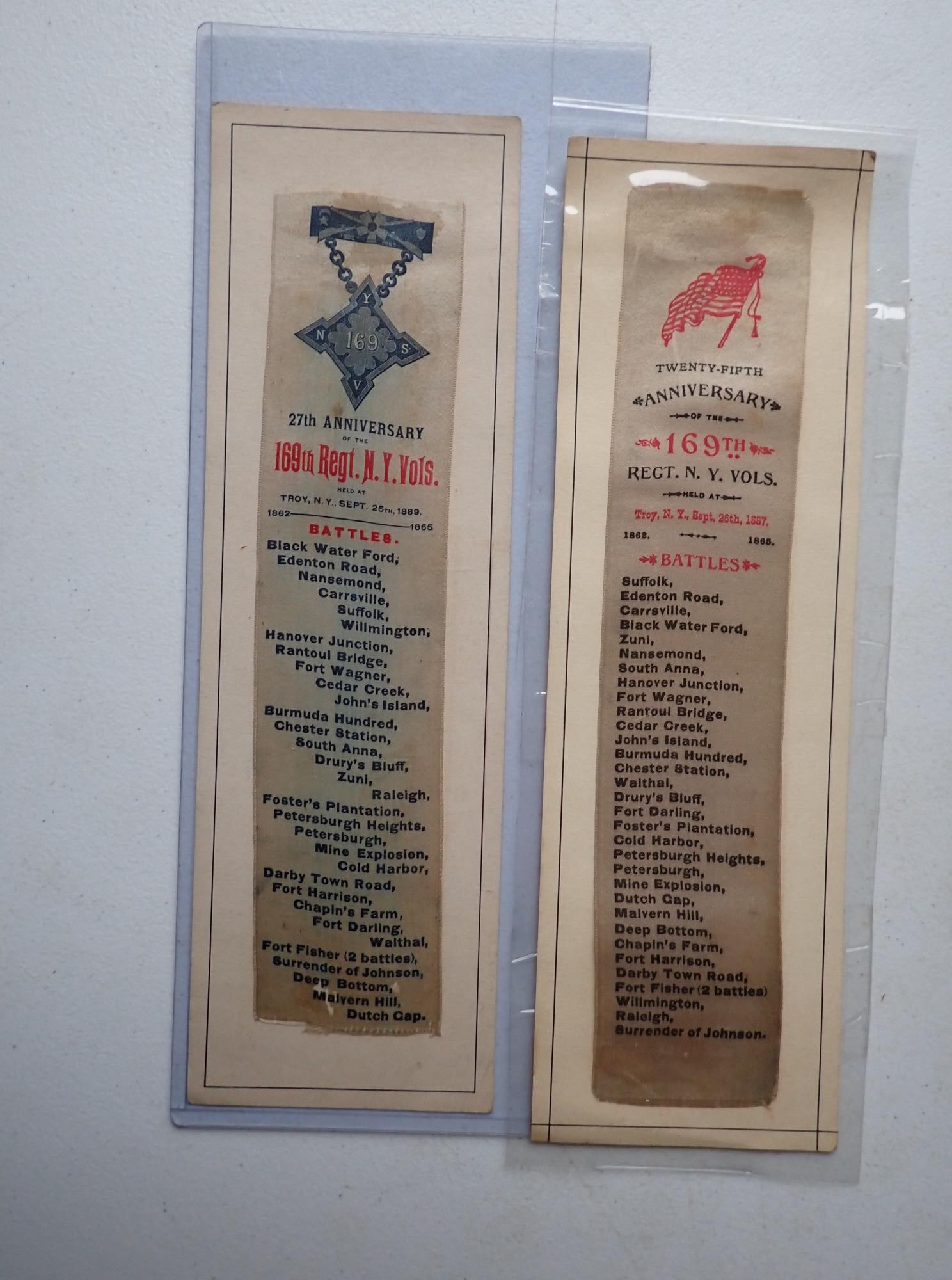 New York 169th Infantry Vet ribbons listing battles: New York 169th Infantry Veteran ribbons listing battles and locations. 25th and 27th reunion ribbons listing Petersburgh, Surrender of Johnson, etc.