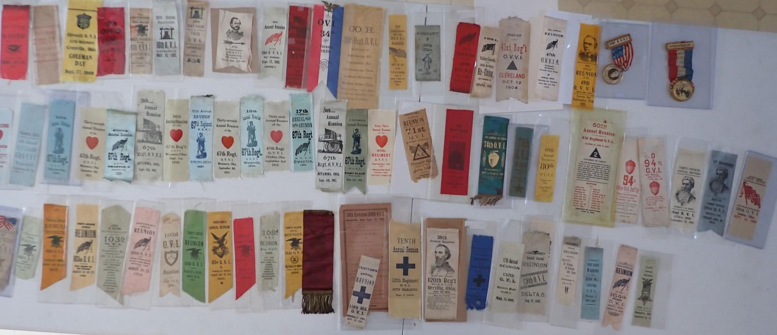 Ohio Civil War Regiment Ribbons, GAR Pins, etc.: 41st Regiment ribbon. 51st picture badges & others.