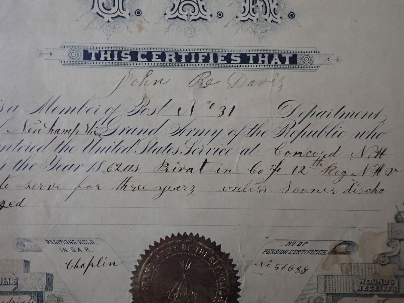 GAR Certificate for John Re Davis - 5