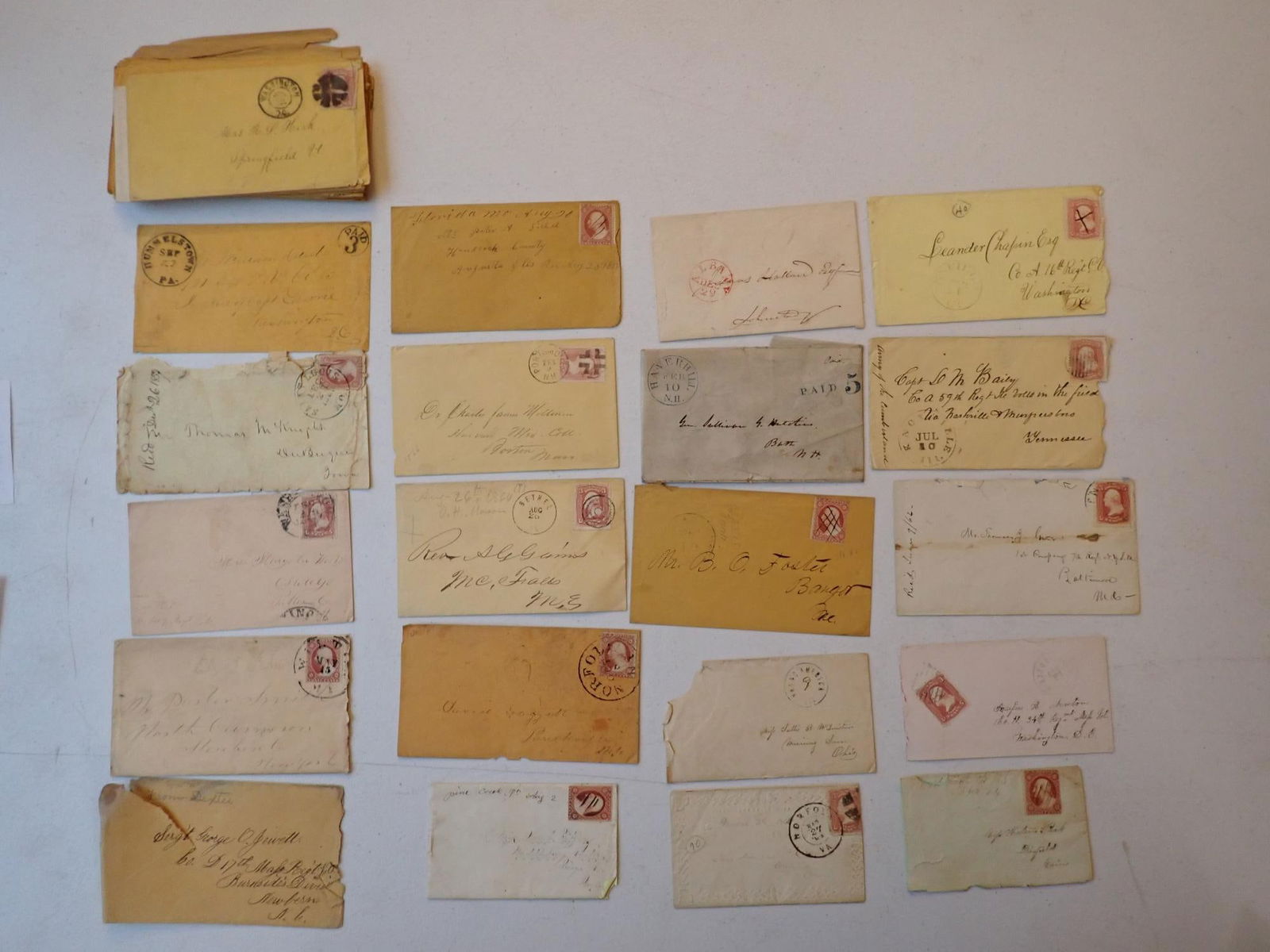 Reuben S. Kirk Co. H VT 18th Inf. Postal Covers etc.: (20) Reuben S. Kirk Co. H Vermont 18th Infantry Postal Covers & others. Private Leroy West K Co. PA 149th Infantry Postal Cover (wounded 5/11/1864 Spotsylvania Courthouse). Others.