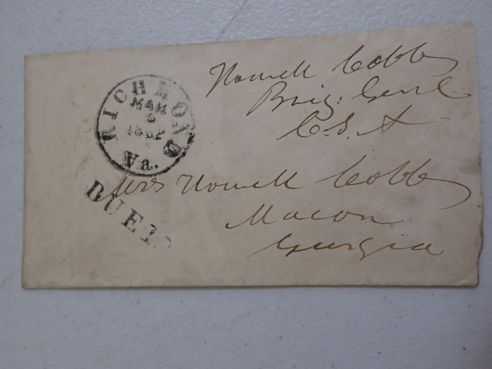 Brig. Gen. Howell Cobb Cover from Richmond, VA: Brigadier General Howell Cobb Cover from Richmond, VA Macon Georgia, Postal cover from General Howell Cobb to Mrs. Howard Cobb.