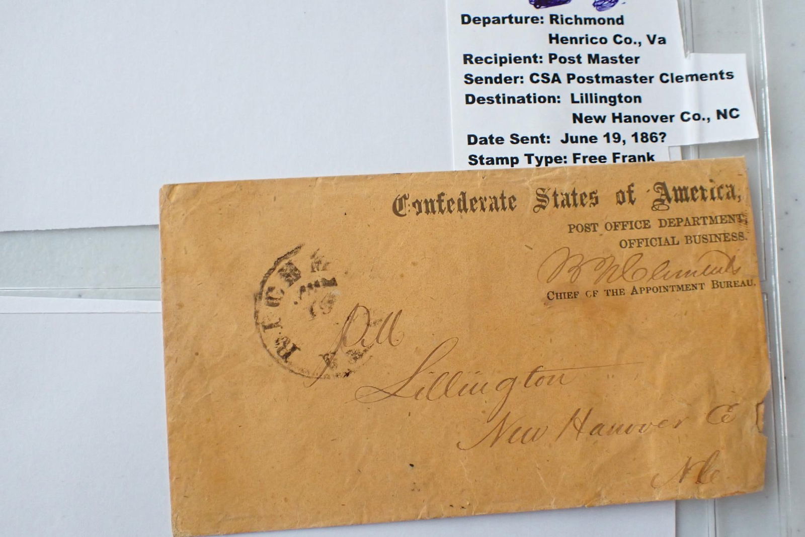 North Carolina - CSA Postal covers, Postmaster etc. - 17