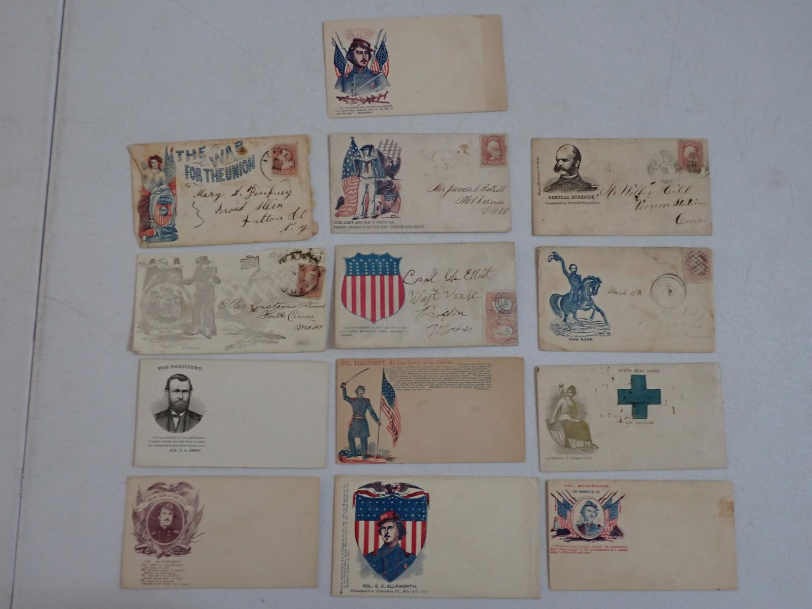 Patriotic Civil War Postal Covers: Gen. Burnside, Gen. Lyon, For President Gen. U.S. Grant, Col. Ellsworth His Last Letter to his Parents., etc. one does not have a back