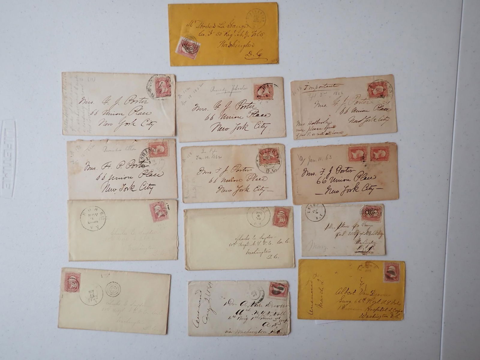 Civil War Postal Covers: Postal covers addressed to Porter New York City, Charles Snyder 50th NY Engineers, Moses LaGrange, Albert Van Derveen Surgeon 2nd Corp. Served at Gettysburg.