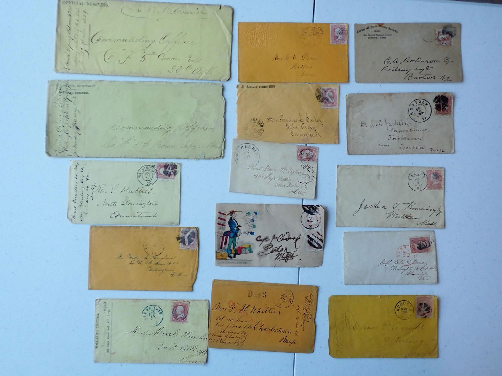 Civil War Postal Covers - Connecticut & Mass.: U.S.A. Medical Dept. Official Business Co "F" 5th Conn. Vols. Wm. Stone Hubbel Medal of Honor Wells A. Bingham H Co Ct 16th Inf., George A. Winslow "K" Co, CT 13th Inf. Killed at Cedar Creek. And othe