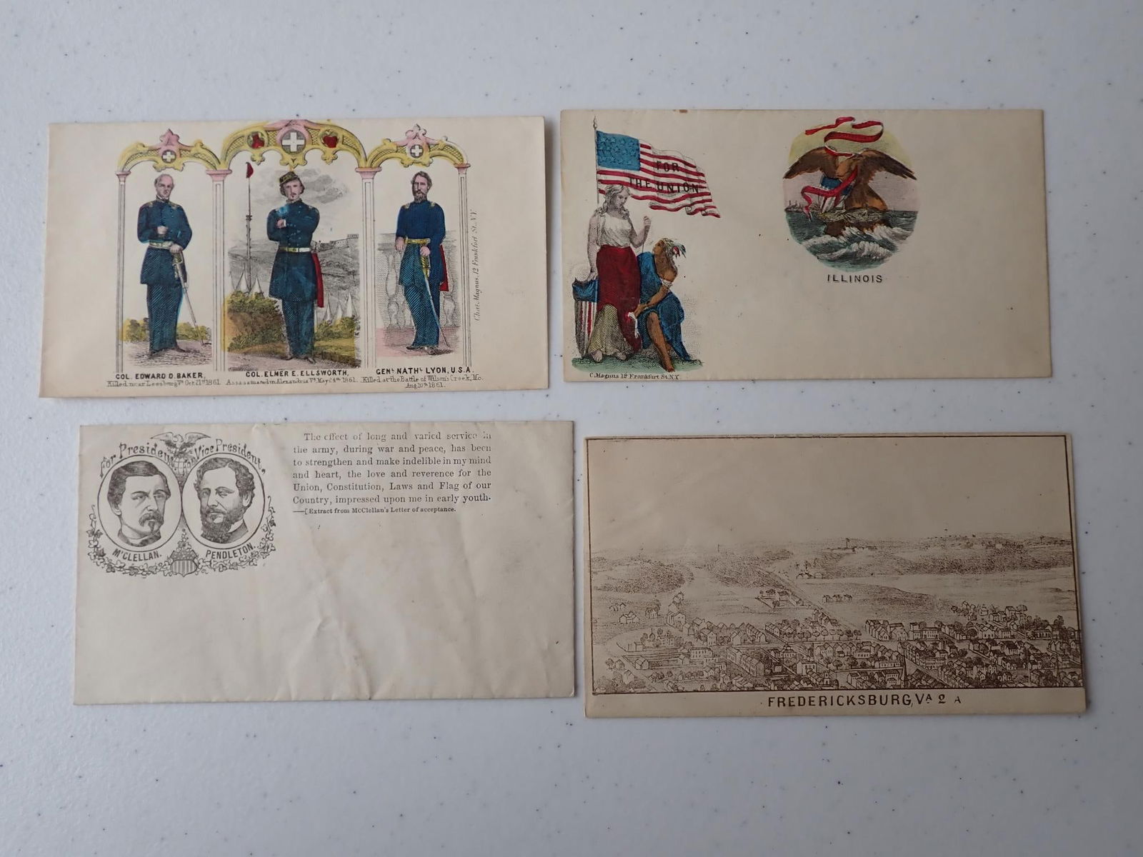 Gen. Lyon Col. Ed. Baker & Col. Elmer Ellsworth etc.: Gen. Lyon Col. Ed. Baker & Col. Elmer Ellsworth & Other Patriotic Postal Covers. Cover with the Officers, McClellan/Pendleton, Illinois and Fredericksburg VA