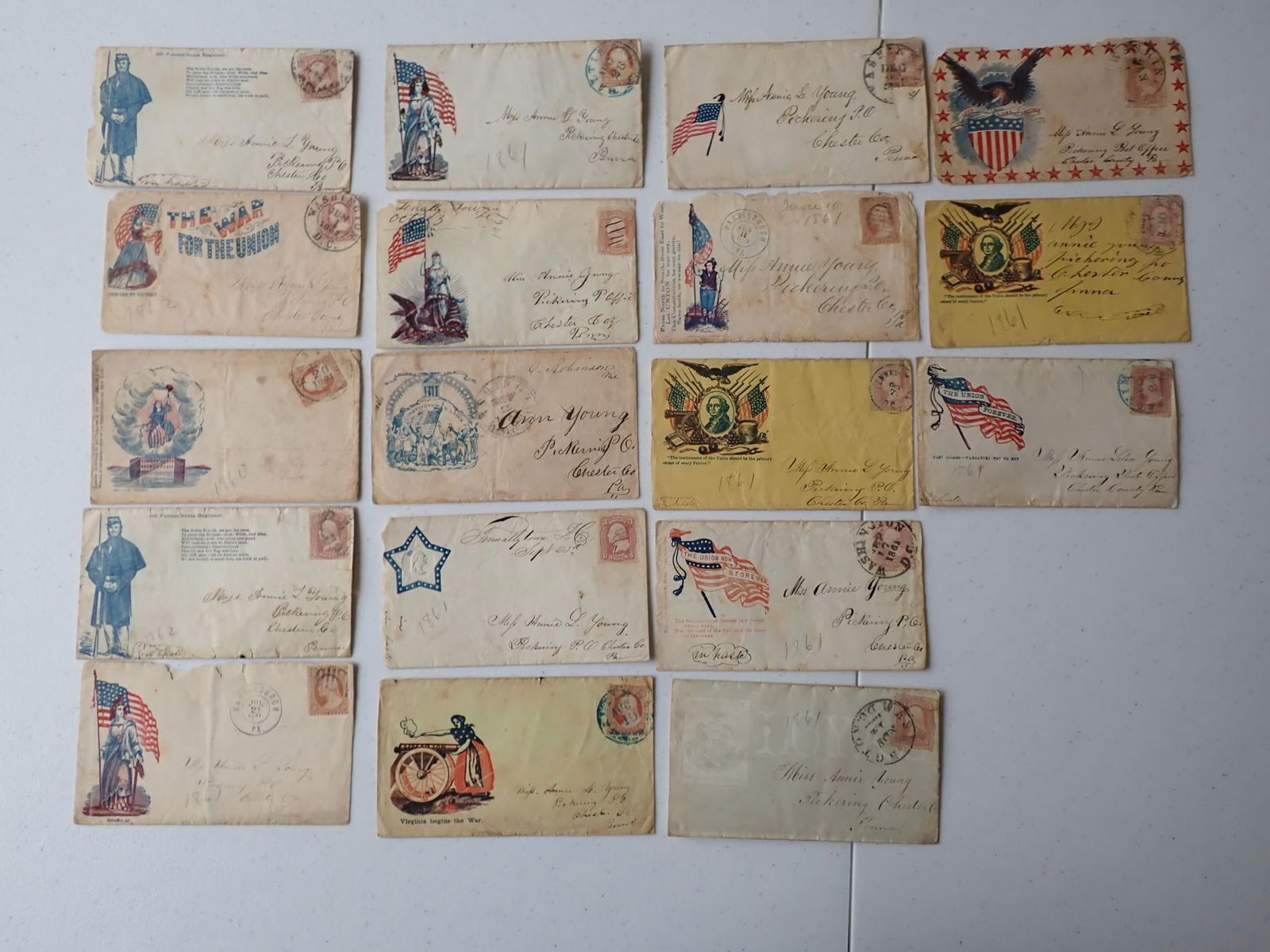 PA Postal Covers Addressed to Annie L. Young: Pennsylvania related Civil War Postal Covers Addressed to Annie L. Young. Patriotic Postal Covers sent from various locations to Annie L. Young