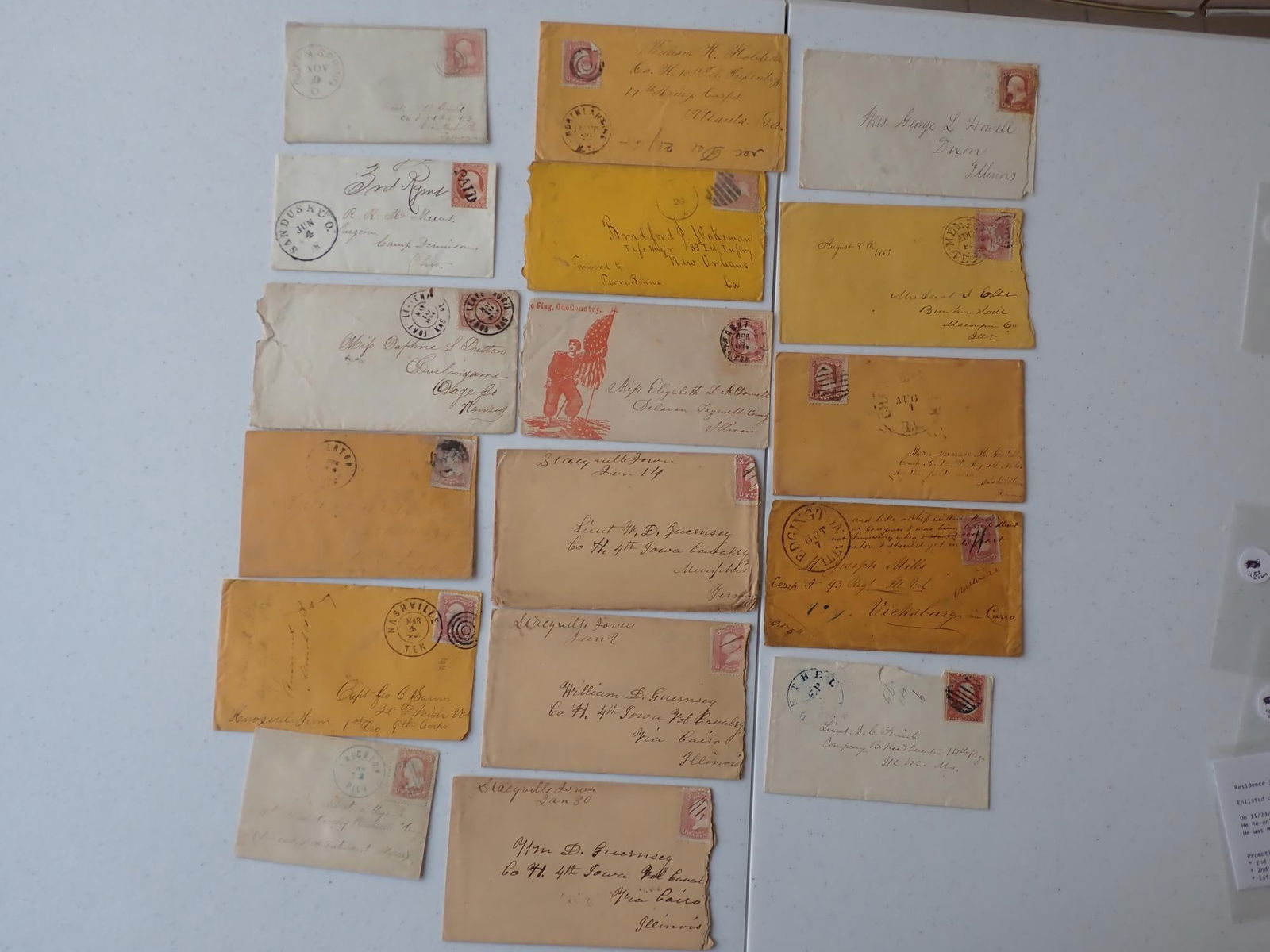 Mid Western Postal Covers: Illinois, Michigan, Iowa, Kansas, Ohio-- Orzo B. Gould, William D. Guernsey, James T. McDowell, killed Near Dalton, GA, Bradford J. Wakeman Fife & Staff, George C. Barnes died of wounds at Washington