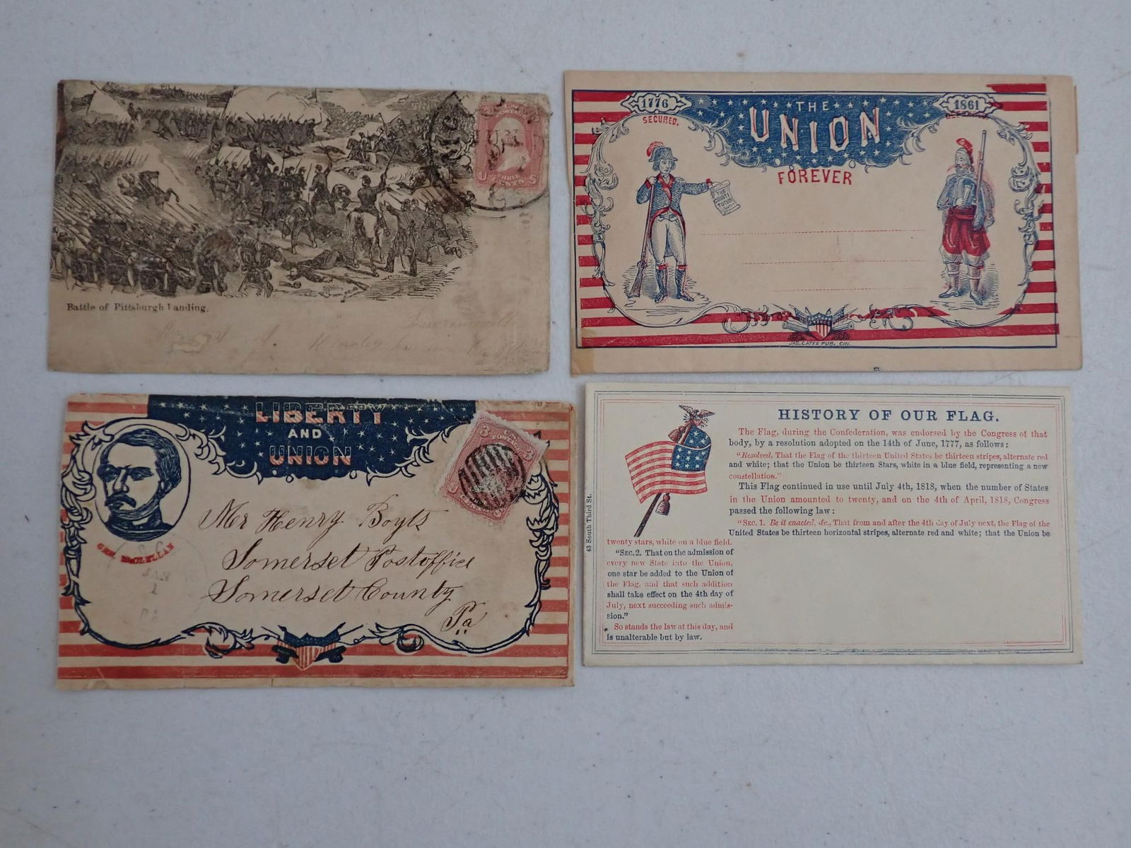 Battle of Pittsburg Landing & Patriotic Postal Covers: Battle of Pittsburg Landing, Union Forever, and other Patriotic Postal Covers. Battle of Pittsburg Landing Postmarked to Illinois. McClellan Liberty and Union Postmarked to Pennsylvania. Union