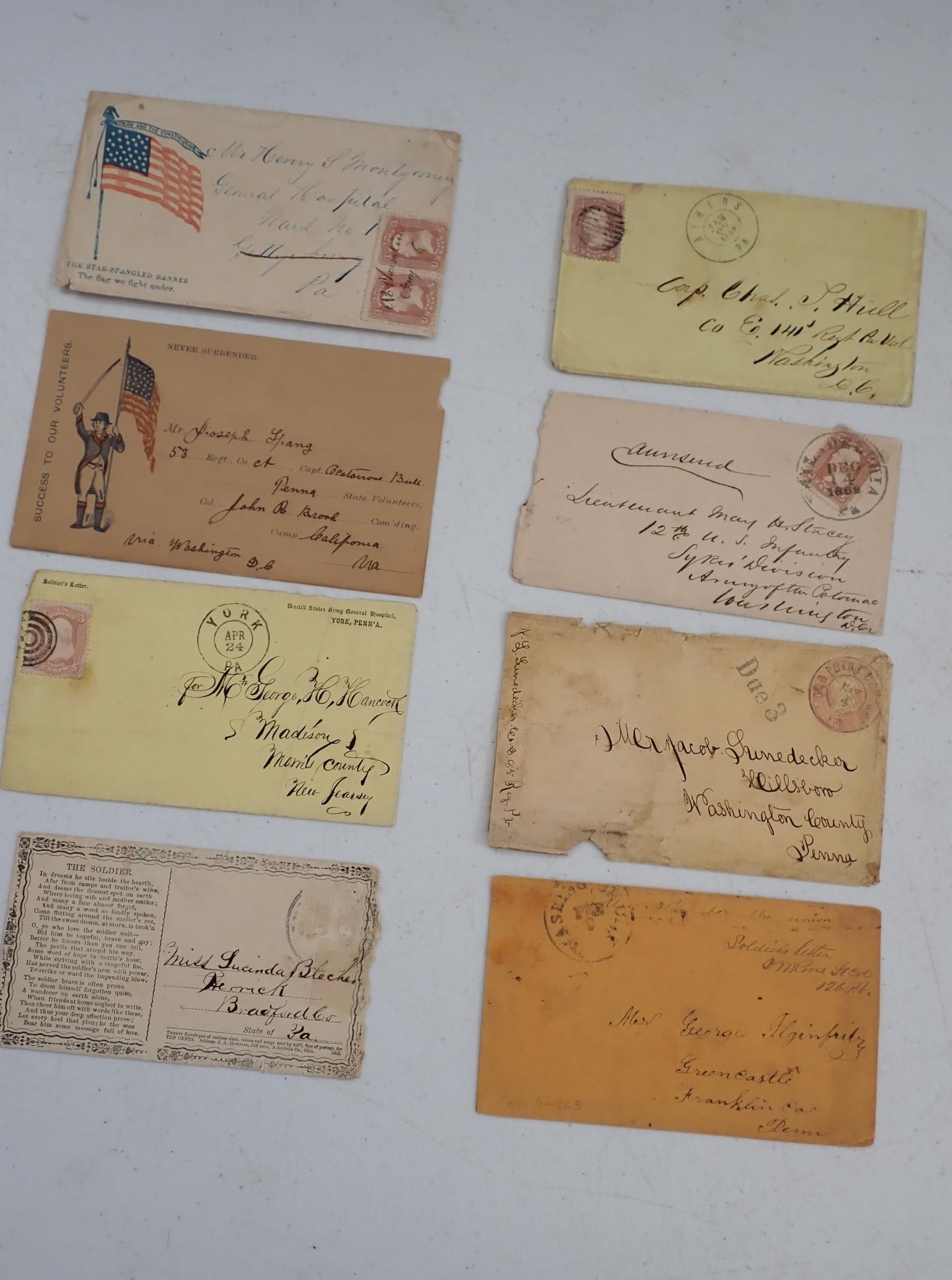 Pennsylvania Related Civil War Postal Covers: Henry Montgomery Patriotic Cover F Co. NY 157th Infantry -Wounded at Gettysburg. Another from York, PA General Hospital, Charles Hill (3rd Corps) Fought at Gettysburg, and others.