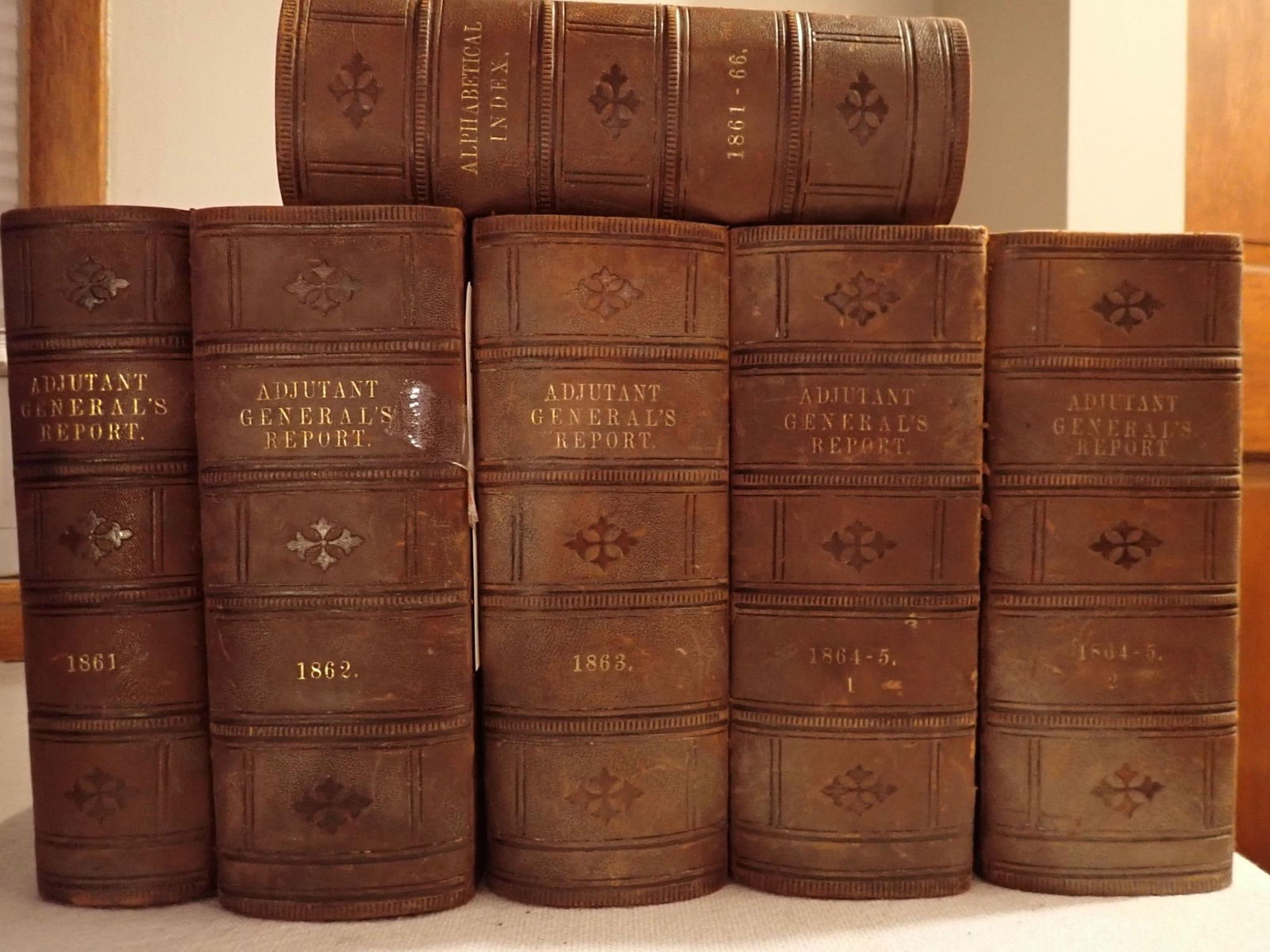 State of Maine Annual Reports of Adjutant General: Maine Annual Report of the Adjutant General 1861 - 1865 (5 Volumes Plus Index). Finely bound set given only to high ranking officers and office holders at the conclusion of the war. All volumes are