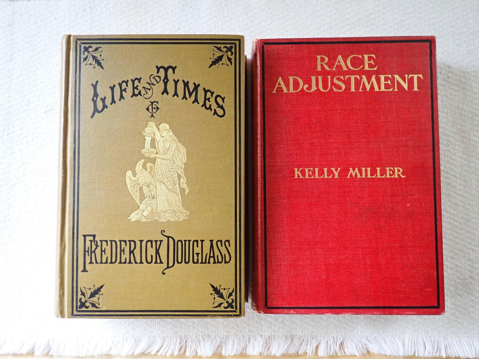 Life and Times of Frederick Douglass & other book: Frederick Douglass written by himself 1883 volume. Race Adjustment First Edition is a collection of essays on the Negro in America that previously appeared in magazines or pamphlets by Kelly Miller.