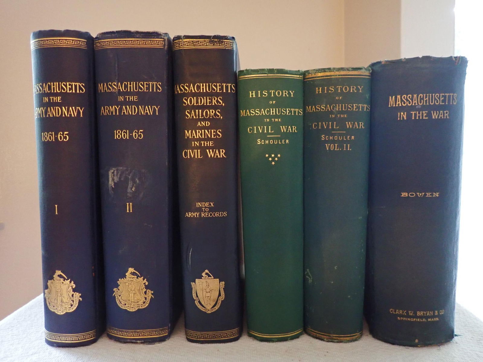 Signed History of Massachusetts the Civil War, etc.: Signed History of Massachusetts in the Civil War by Schouler 2 vol; Massachusetts in the War by Bowen; Massachusetts in the Army and Navy 1861-65 2 volumes and Mass Soldiers, Sailors, and Marines in