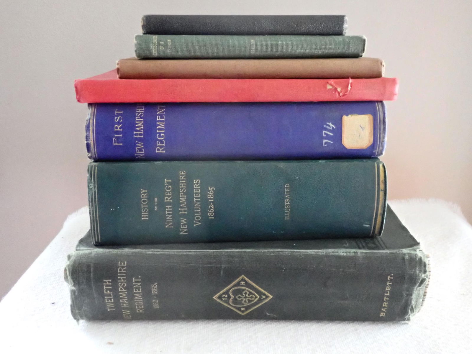 New Hampshire Regiment Civil War books: Twelfth New Hampshire Regiment 1862-1865, History of the Ninth Reg't New Hampshire Volunteers, First New Hampshire Regiment, Manchester Men Soldiers and Sailors in the Civil War 1861-'66, In memory