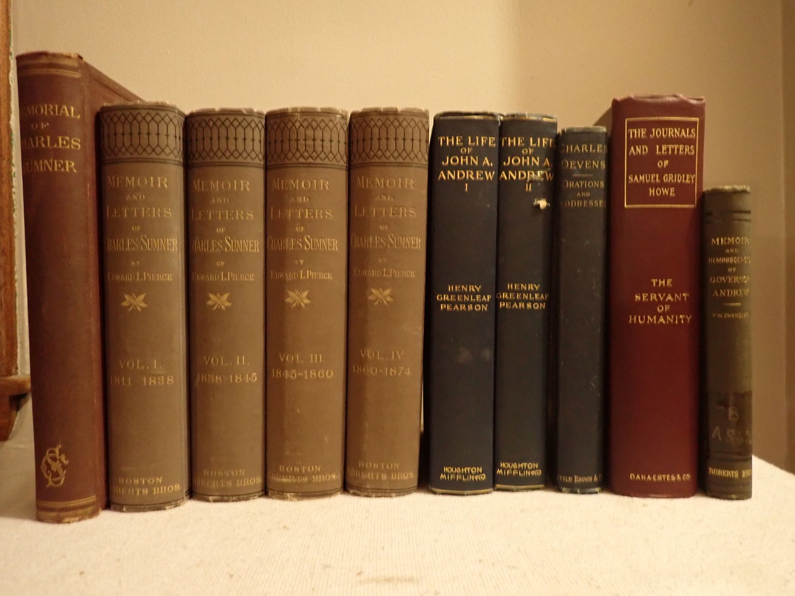 Massachusetts Historical Figures & other books: Massachusetts Historical Figures: Memoir and Letters of Charles Sumner Volumes I - IV, Memorial of Charles Sumner, The Life of John A. Andrew Volumes I and II, Memoir of Governor Andrew, Charles Deven