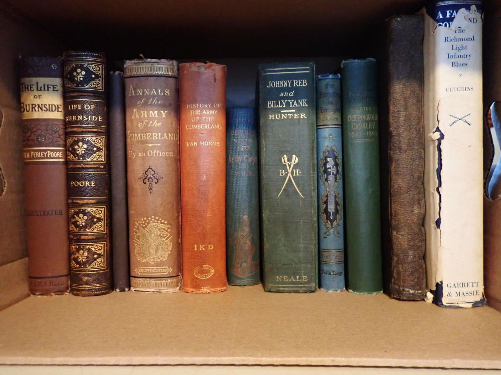 Life of Burnsides and other Civil War books: The Life of Burnside, Three Years in the Civil War with Burnsides Expedition, Annals of the Army of the Cumberland, History of the Army of the Cumberland Vol II, Johnny Reb and Billy Yank, Rosecrans'