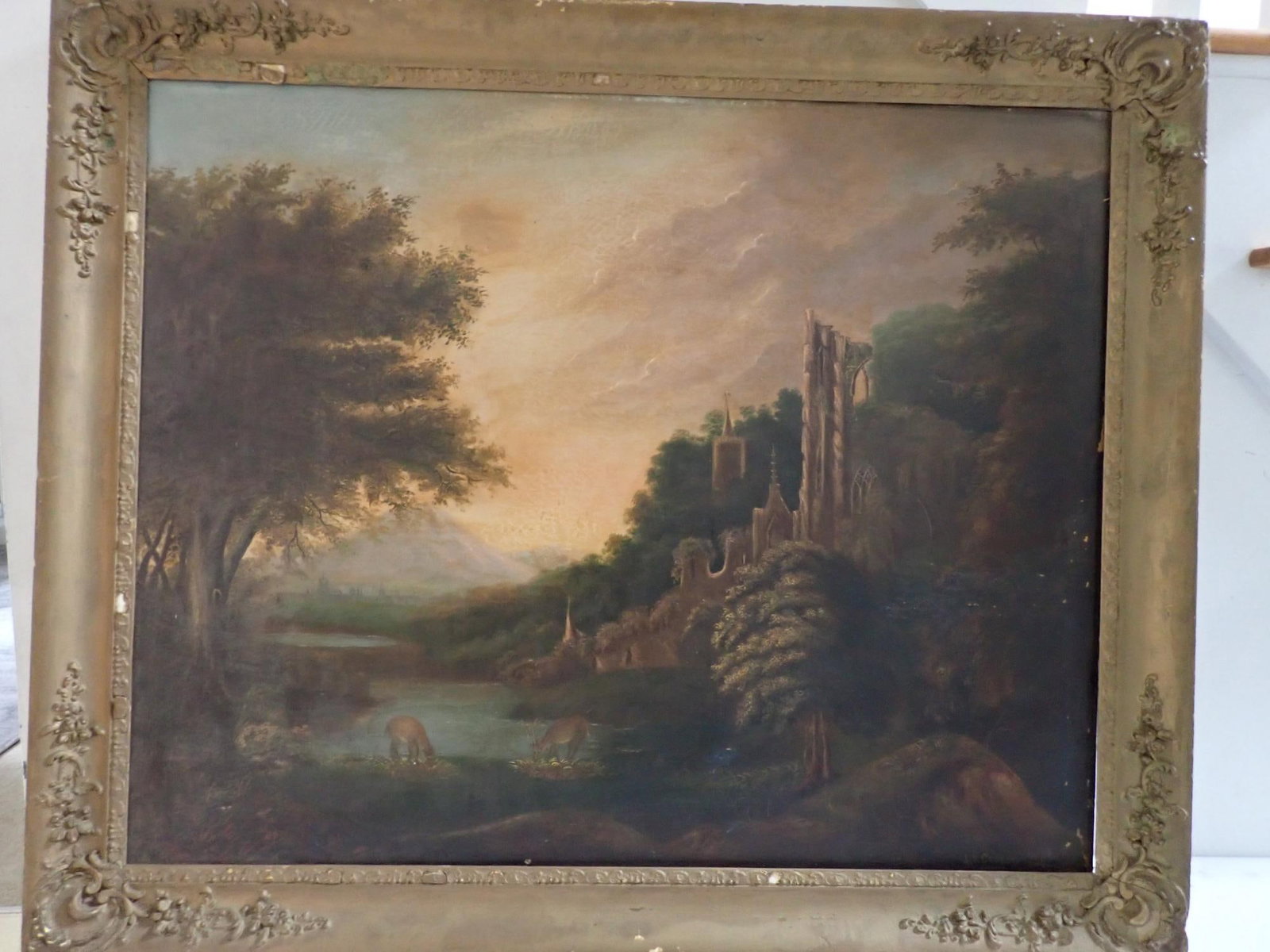 Jasper F. Cropsey - York, England Abbey Ruins O/C: Back has writing across the back that says "Ruins of Abbey York, Eng. '58 JFC." Art 29" x 36" Frame 24" x 41." "Signed J.F. Cropsey '58". Marked Reverse photos some staining, tearing, and repair. Fram