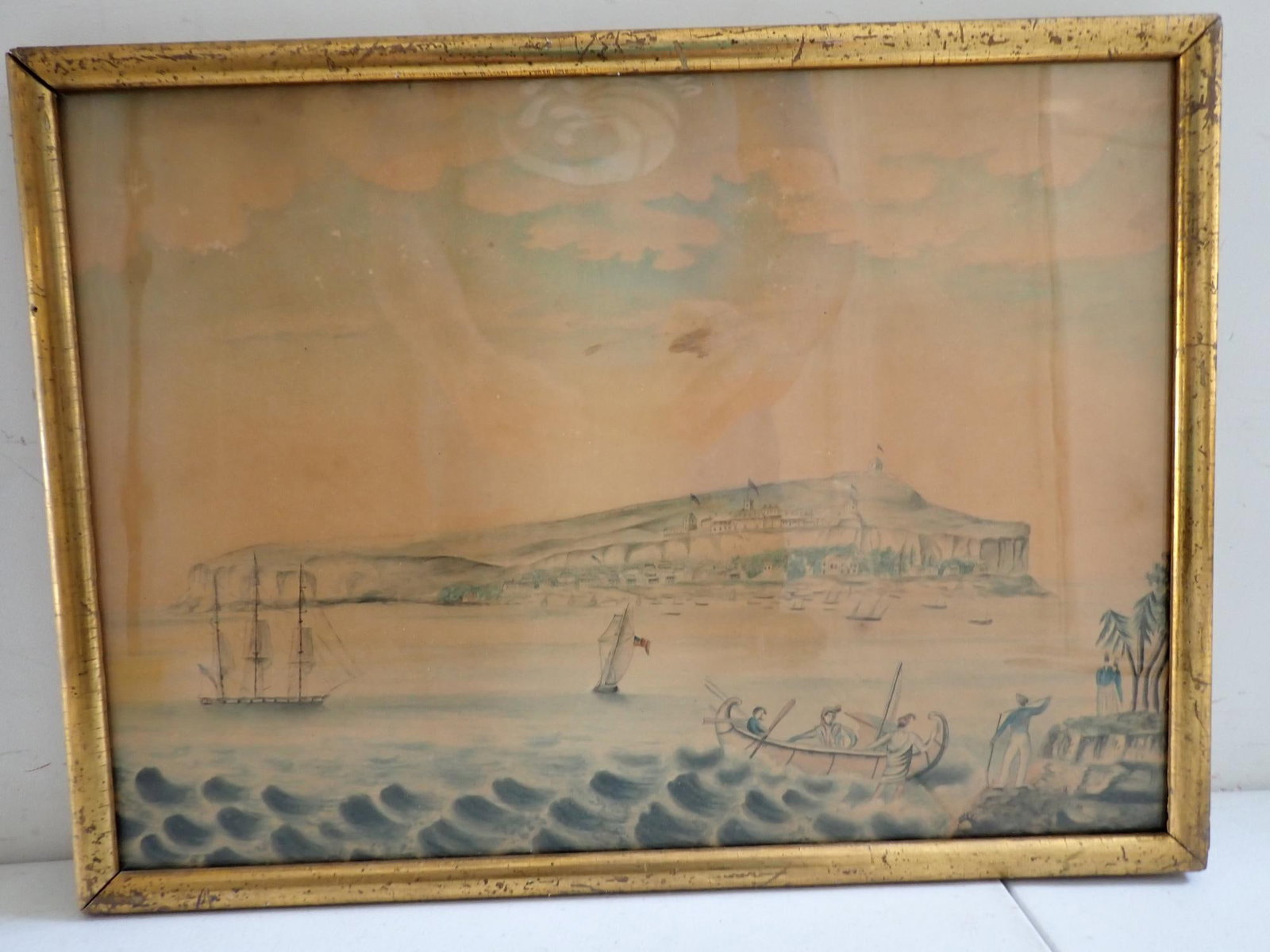 1835 Seascape Watercolor: Fort, Saling Ships, etc. (1 of 14)