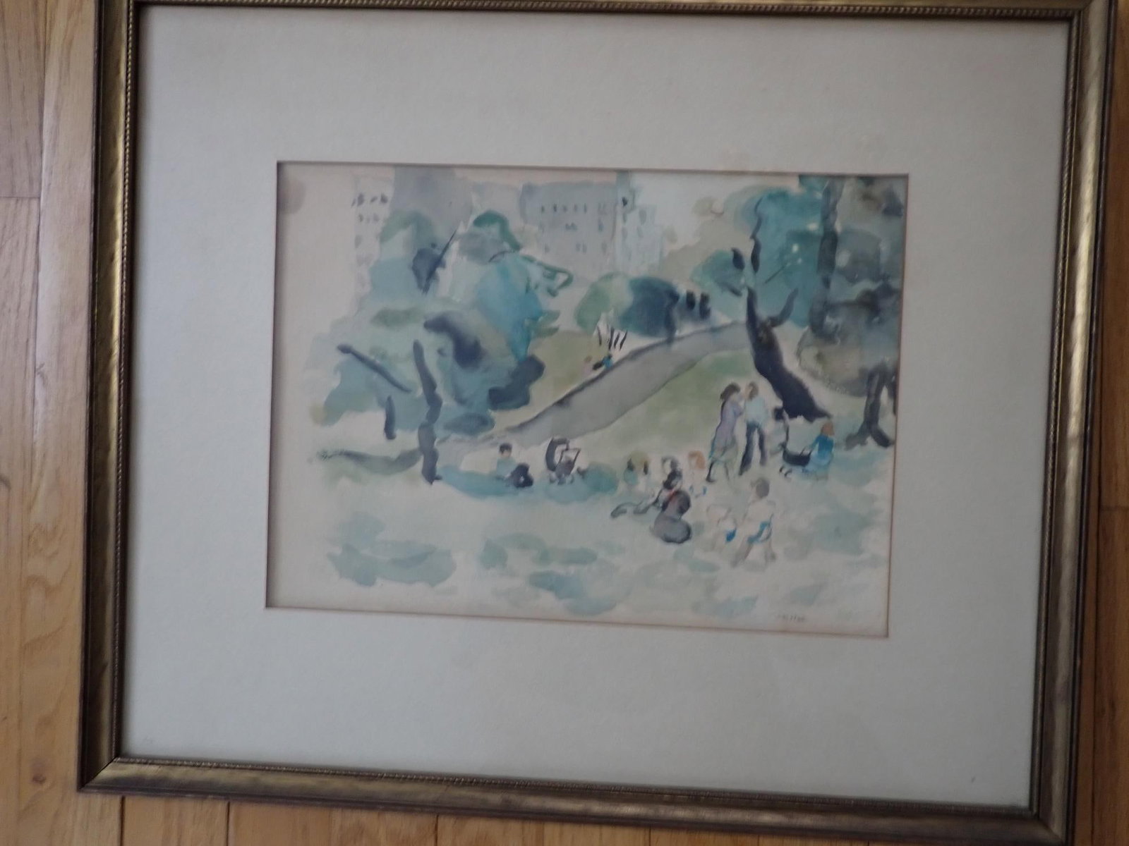 Brick signed Watercolor Painting: Watercolor of park.. Art 9 1/2" x 13" (excluding matte). Frame 17" x 20." Stain in upper left hand corner. Signed "Brick" with first name indecipherable.