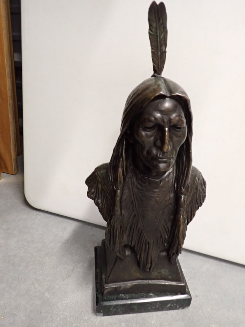 Bronze Native American Statue with Marble Base by Max Bachmann: Bronze Native American with Feather Status 23" including base. Good condition. From an art collection that was in Big Y corporate headquarters in Springfield, Massachusetts.