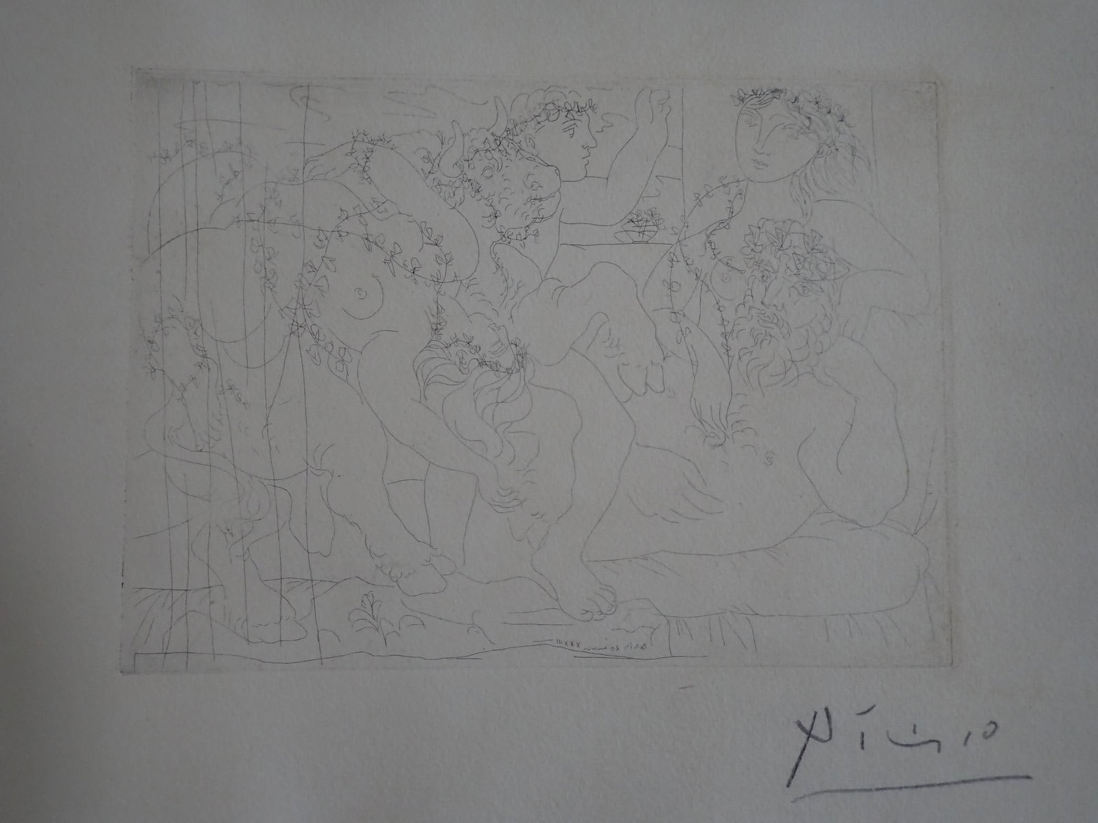 Picasso: Sculpture, garcon, et modele Etching: 1939 Suite Vollard Sculpteur, Etching. Approximately 7 1/2" X 10 1/4" Plate. 13 3/8" x 17 1/2" sheet. Some discoloration on border. Signed in right corner below etching.