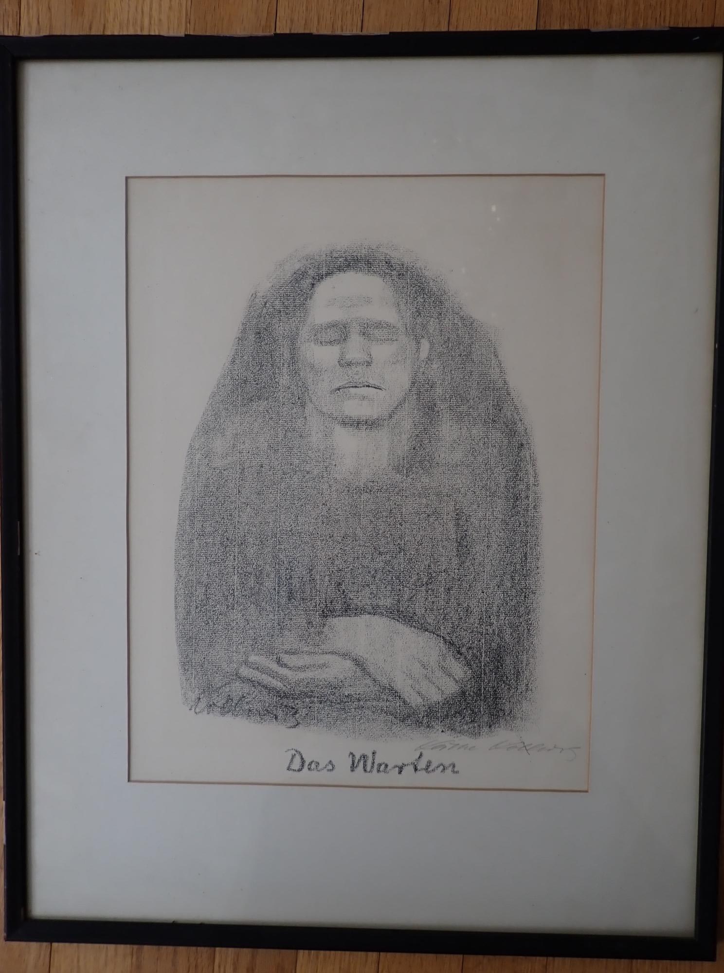 "Das Warten" (The Wait) Kathe Kollwitz Print: 1914 lithograph; signed in pencil lower right. Art 16" x 12" (excluding matte). Grame 23 1/2" x 19."