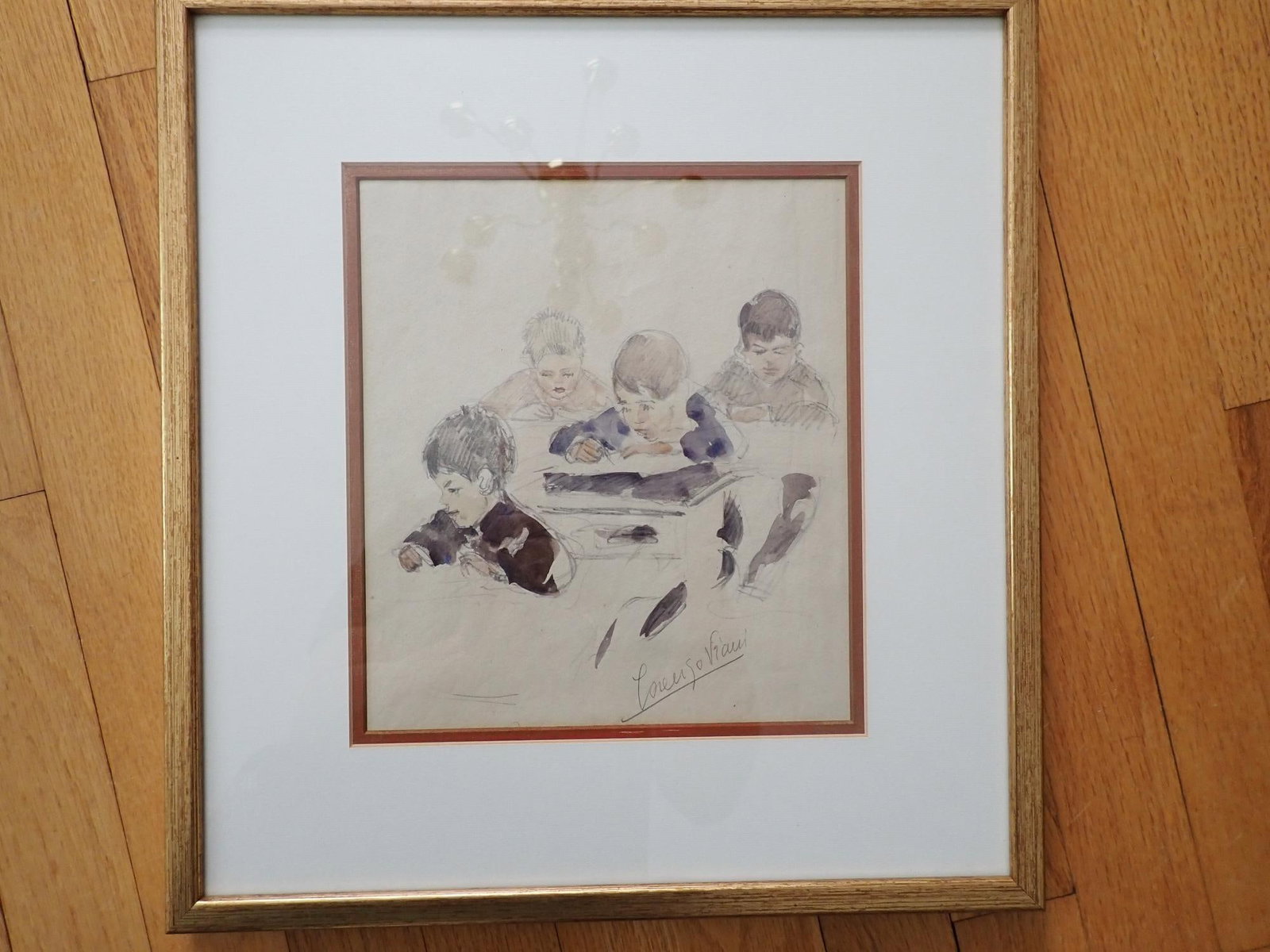 Lorenzo Viani Students Watercolor & Pencil: Watercolor and pencil of 4 schoolchildren working at their desks. Art 9 1/2" x 8 1/2." Frame 15 1/2" x 14 1/2." signed by Viani.