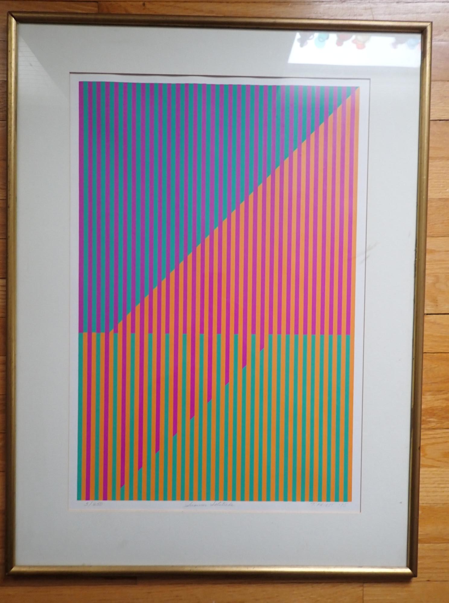 Terri Priest "Summer Solitude" limited edition print: Geometric design. "3/250 "Summer Solitude "T. PRIEST '75." Noted Worcester, Massachusetts artist, Art 25" x 17" (excluding matte). Frame 32" x 24."