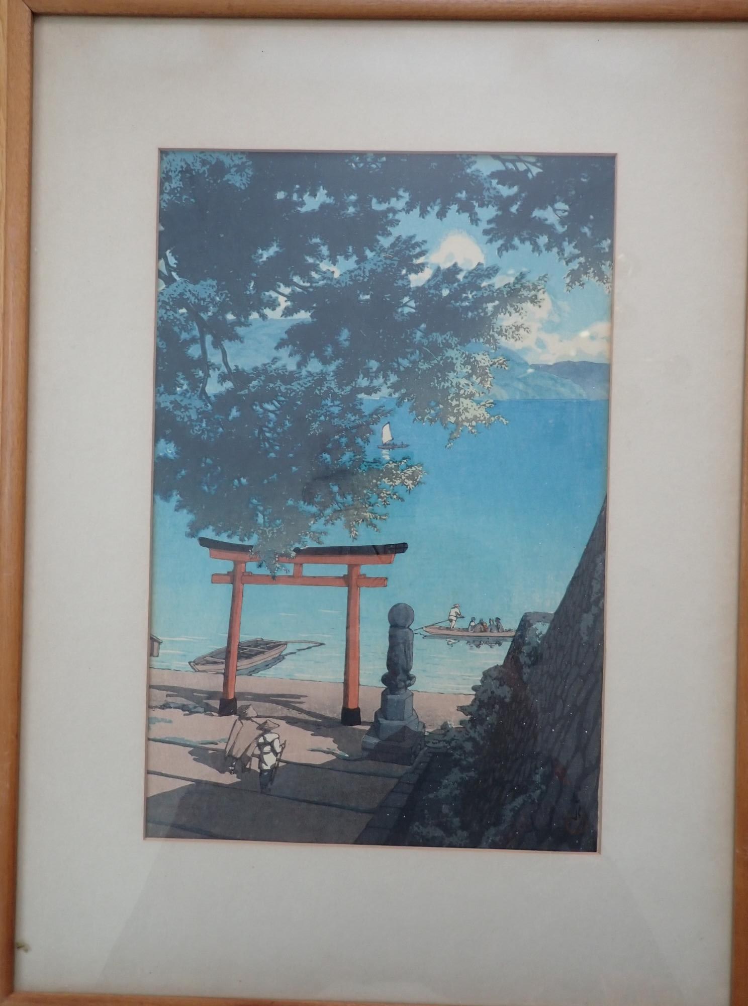 Chuzenji Temple Woodblock by Hasui Kawase: Chuzenji Utagahama - Utagahama Beach at Chuzenji Beach Woodblock print. Art 14" x 9" (excluding matte). Frame 20 1/2" x 15."