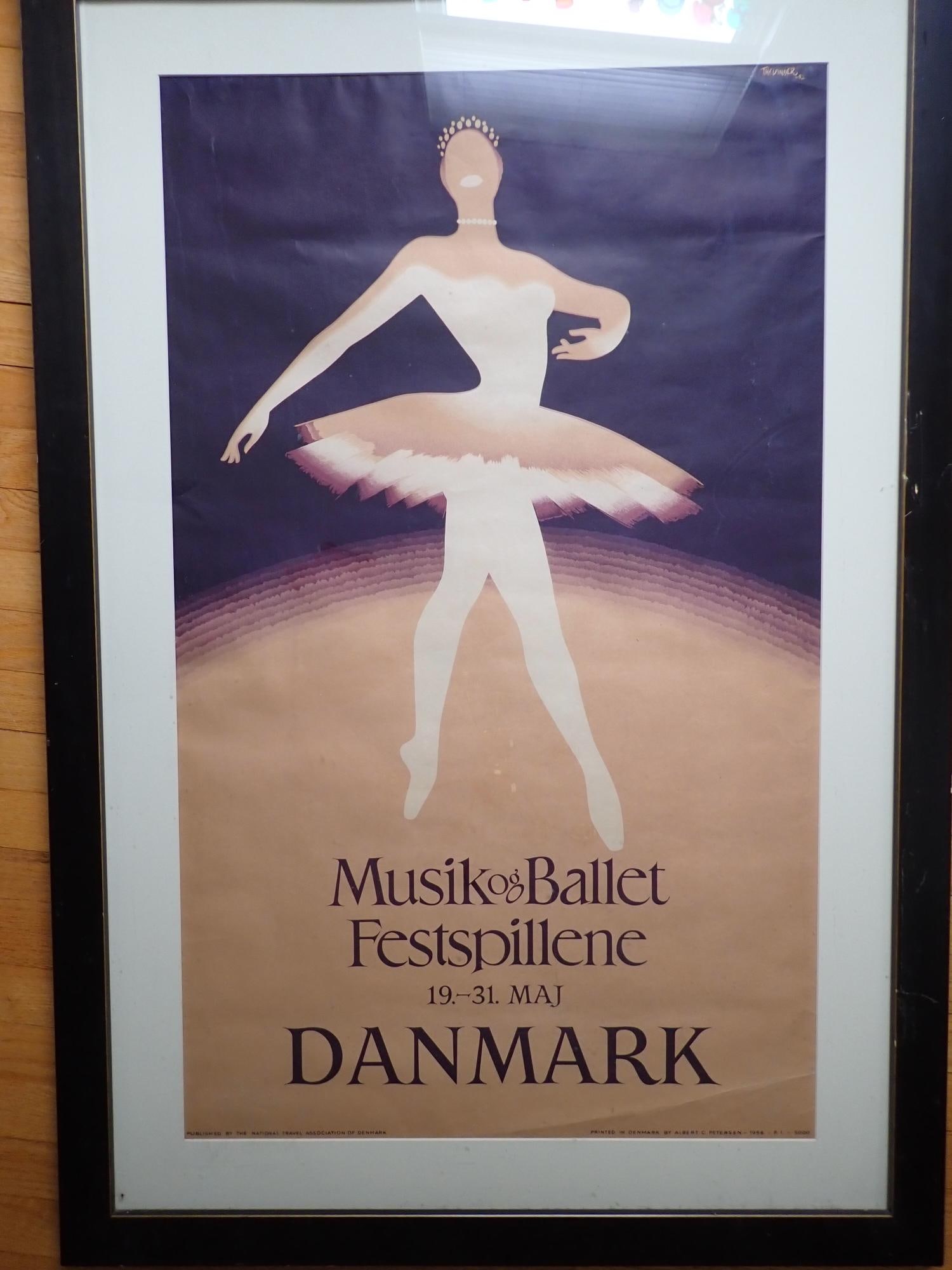 1954 Royal Danish Ballet Poster - Framed: "Musik og Ballet Festspillene 19.-31 Maj Danmark." "Published by the Nationa Travel Association of Danmark." "Printed in Denmark by Albert C. Petersen - 1954 - P.1 - 5000." Poster 39" x 23"