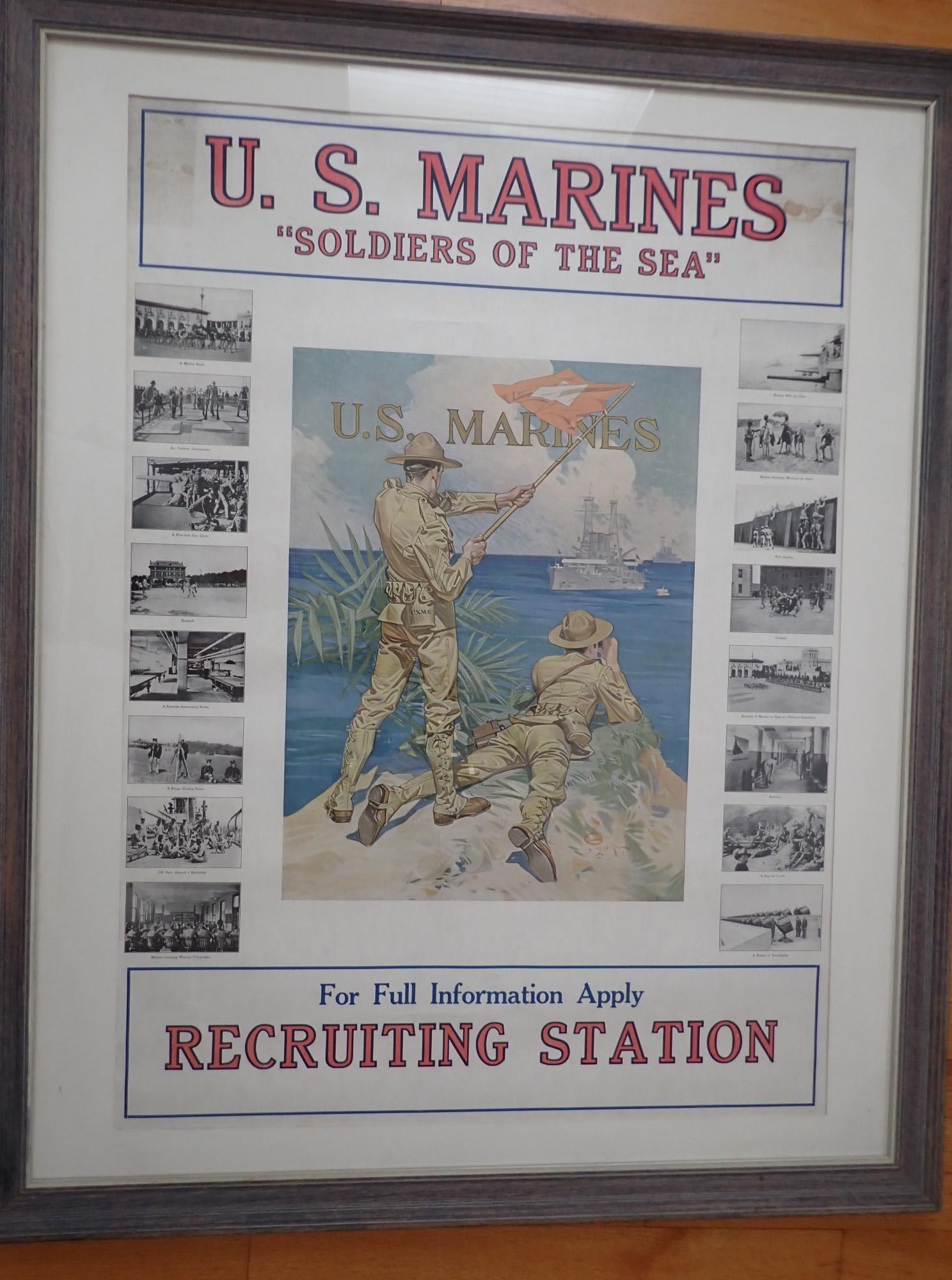 1917 US Marines Soldiers of the Sea WWI Poster: 1917 US Marines Soldiers of the Sea Joseph C Leyendecker World War I Recruiting Poster. Has Colored image of Flagman signaling ship. 8 Smaller black and white images on each side. Poster 36" x 26"