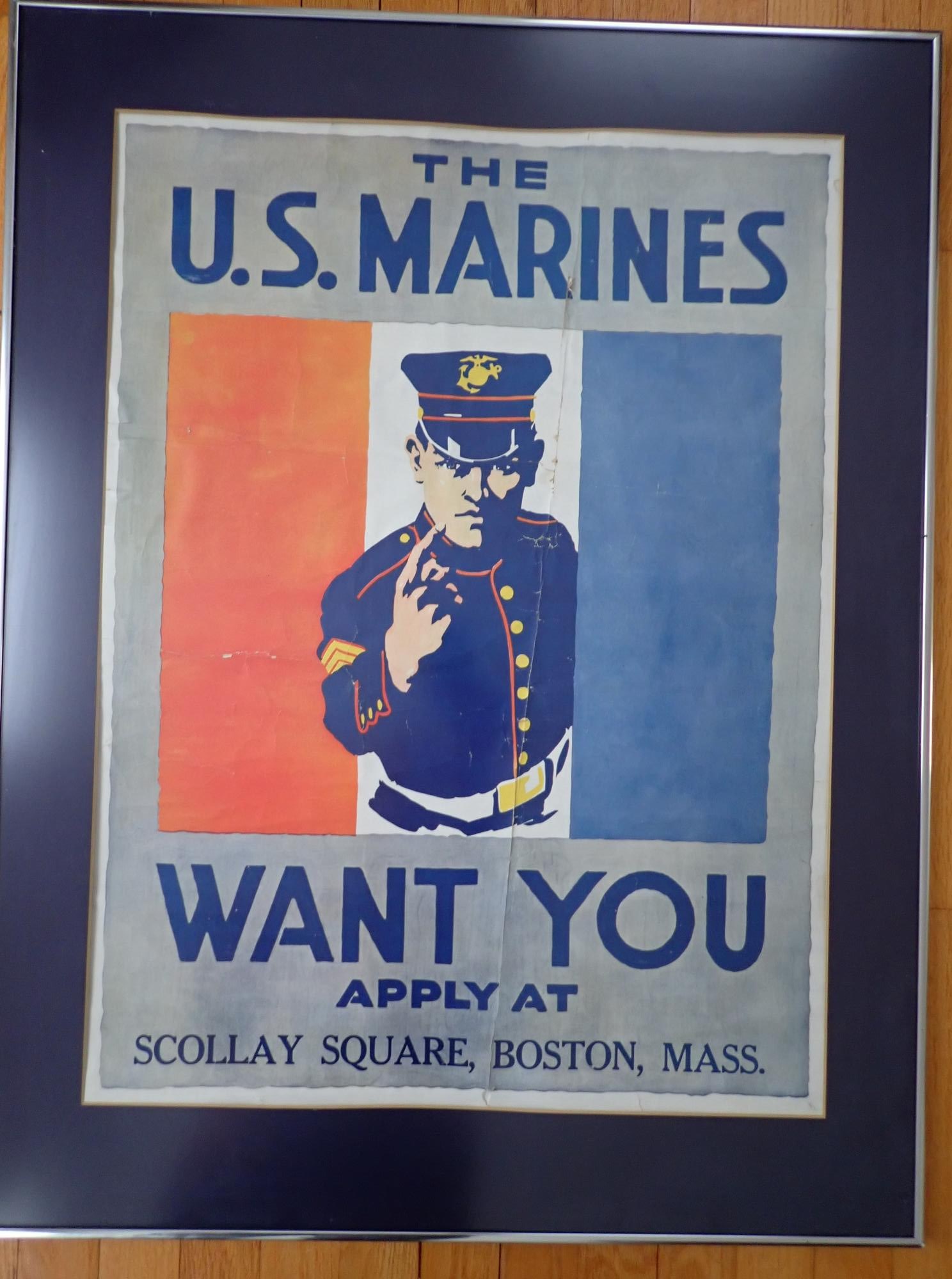 World War I Scollay Square Boston Marines Poster: Marine recruiting office was at 22 Tremont Row in Scollay Square. Poster 28" x 20" (excluding matte). Frame 24" x 26." Some creasing and tearing.